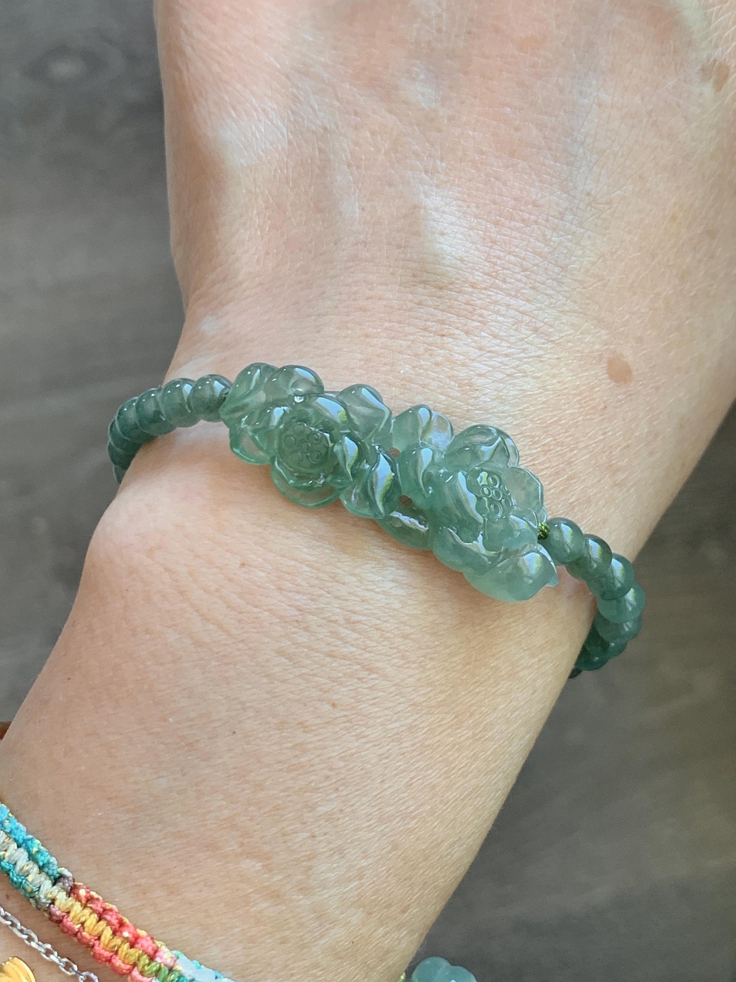 Natural Grade A Icy Highly Translucent Dusty Green Jade Jadeite Twin Lotus Flower Goldfish Charm Beaded Bracelet 6.5" 天然冰胶绿翡翠并蒂莲花圆珠手串 MLL335