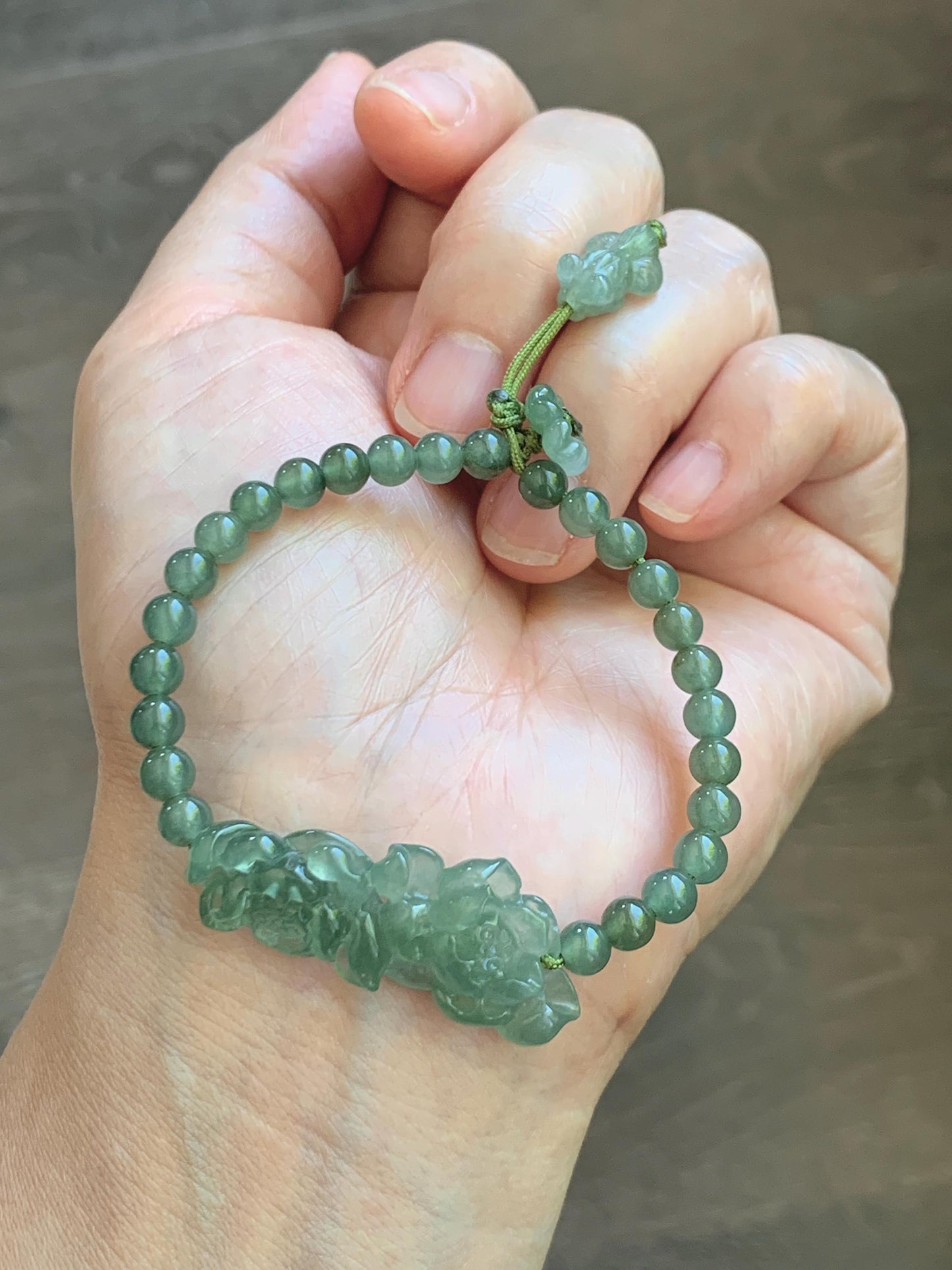 Natural Grade A Icy Highly Translucent Dusty Green Jade Jadeite Twin Lotus Flower Goldfish Charm Beaded Bracelet 6.5" 天然冰胶绿翡翠并蒂莲花圆珠手串 MLL335