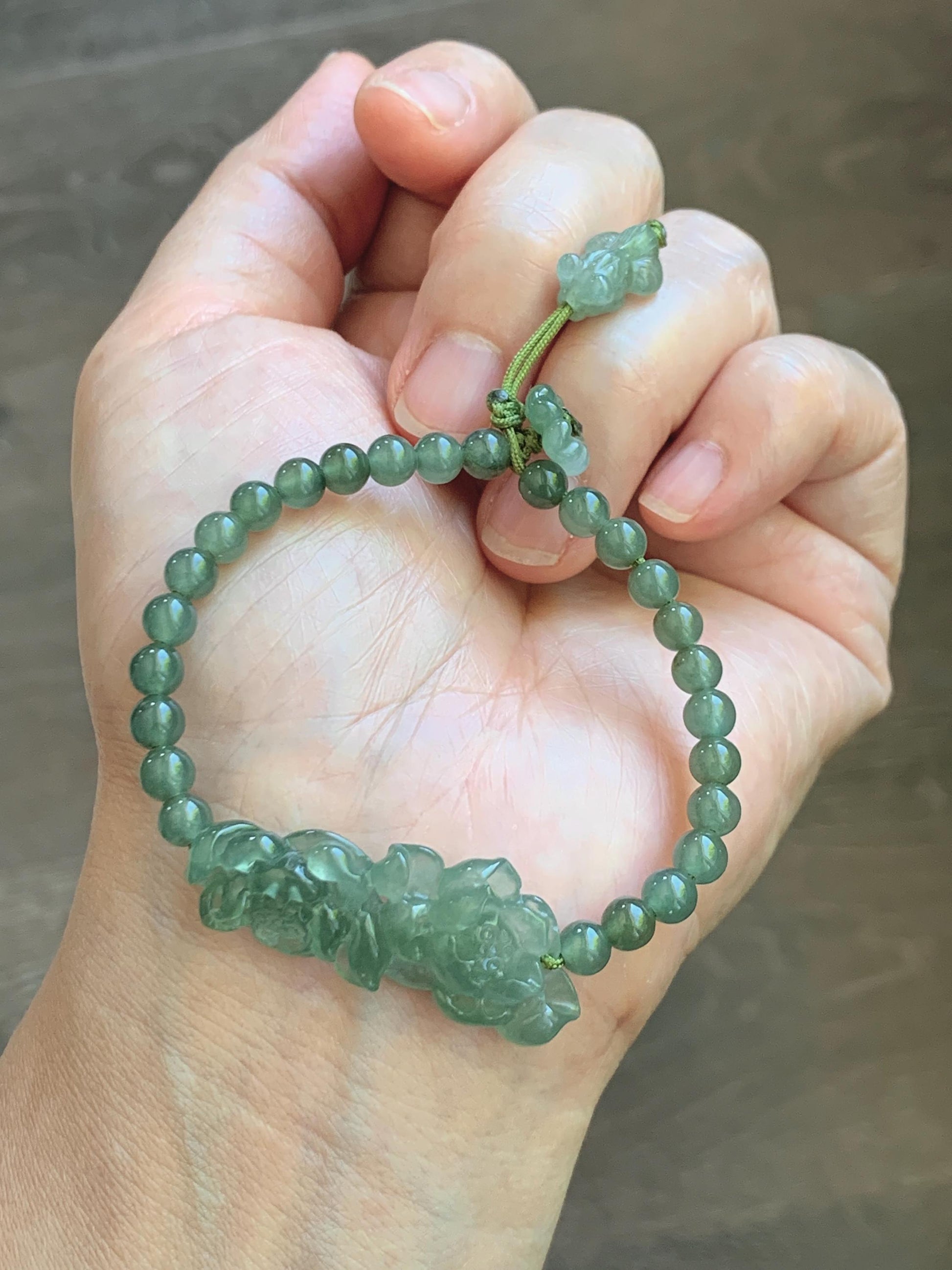 Natural Grade A Icy Highly Translucent Dusty Green Jade Jadeite Twin Lotus Flower Goldfish Charm Beaded Bracelet 6.5" 天然冰胶绿翡翠并蒂莲花圆珠手串 MLL335