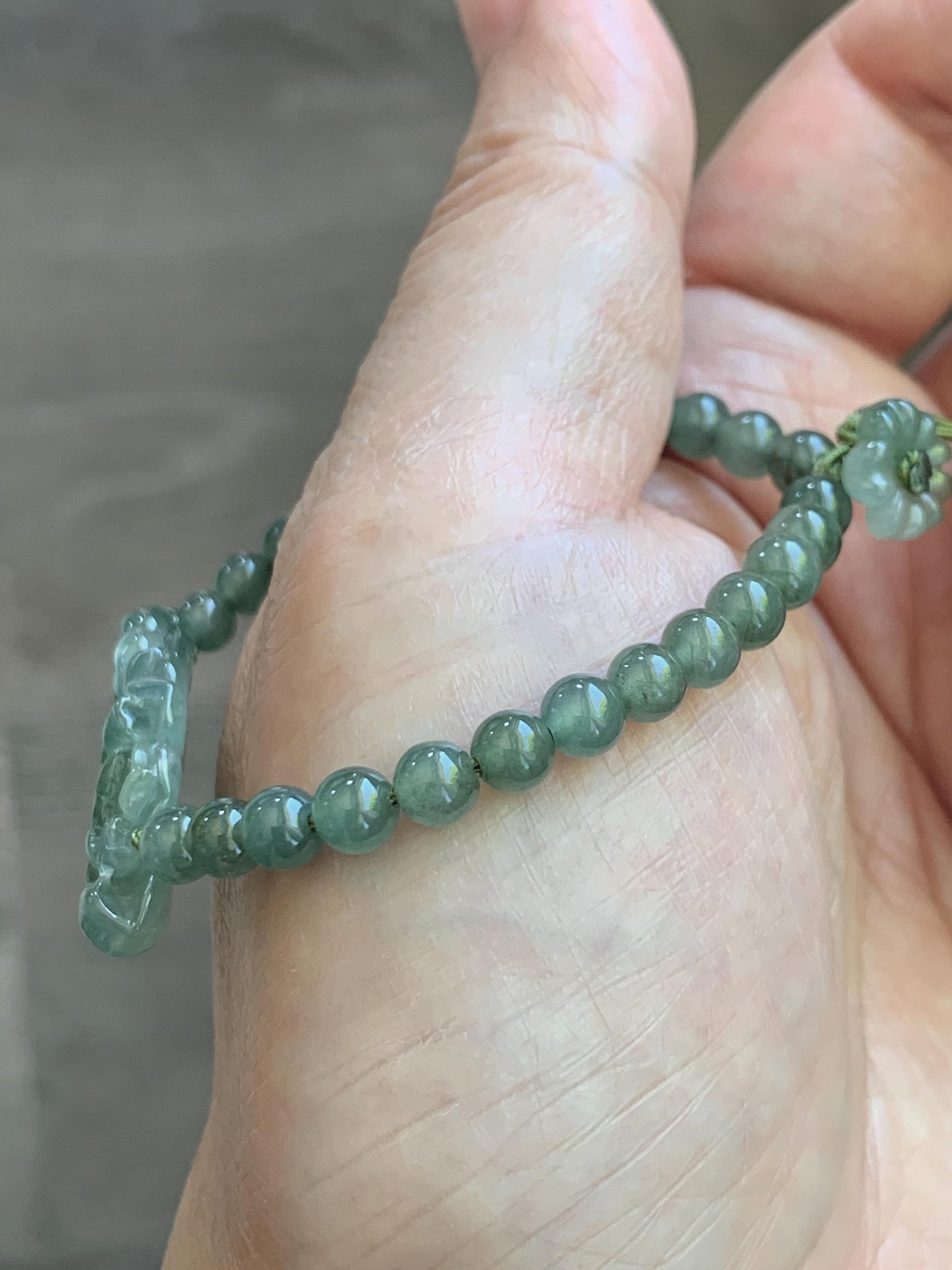 Natural Grade A Icy Highly Translucent Dusty Green Jade Jadeite Twin Lotus Flower Goldfish Charm Beaded Bracelet 6.5" 天然冰胶绿翡翠并蒂莲花圆珠手串 MLL335