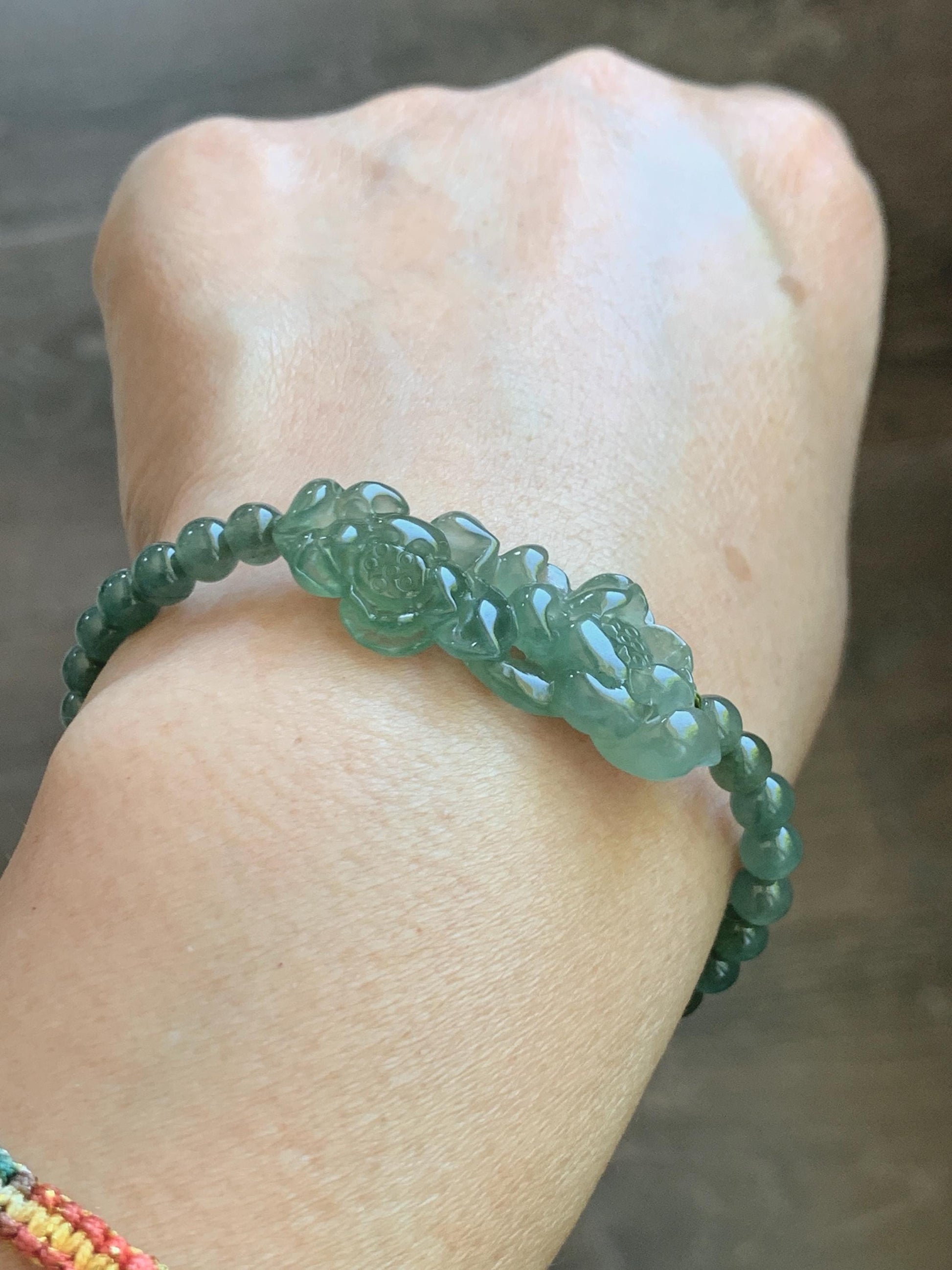 Natural Grade A Icy Highly Translucent Dusty Green Jade Jadeite Twin Lotus Flower Goldfish Charm Beaded Bracelet 6.5" 天然冰胶绿翡翠并蒂莲花圆珠手串 MLL335