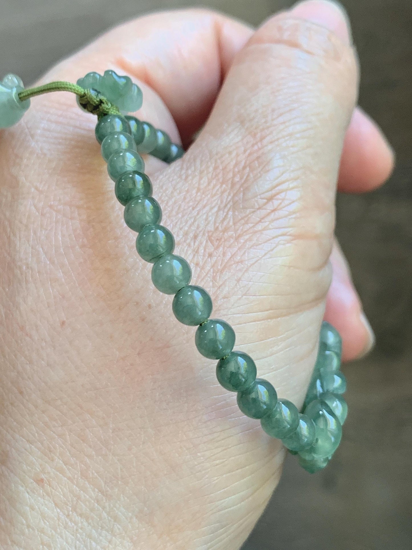 Natural Grade A Icy Highly Translucent Dusty Green Jade Jadeite Twin Lotus Flower Goldfish Charm Beaded Bracelet 6.5" 天然冰胶绿翡翠并蒂莲花圆珠手串 MLL335