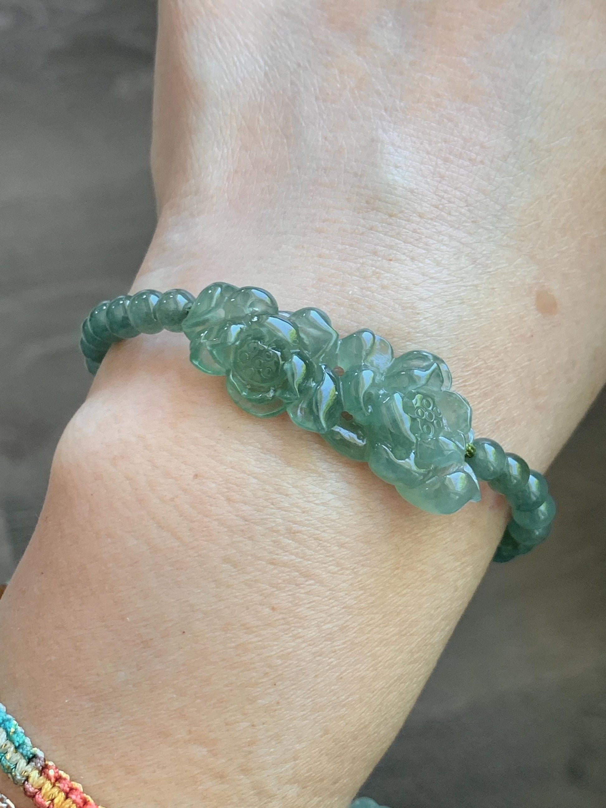 Natural Grade A Icy Highly Translucent Dusty Green Jade Jadeite Twin Lotus Flower Goldfish Charm Beaded Bracelet 6.5" 天然冰胶绿翡翠并蒂莲花圆珠手串 MLL335