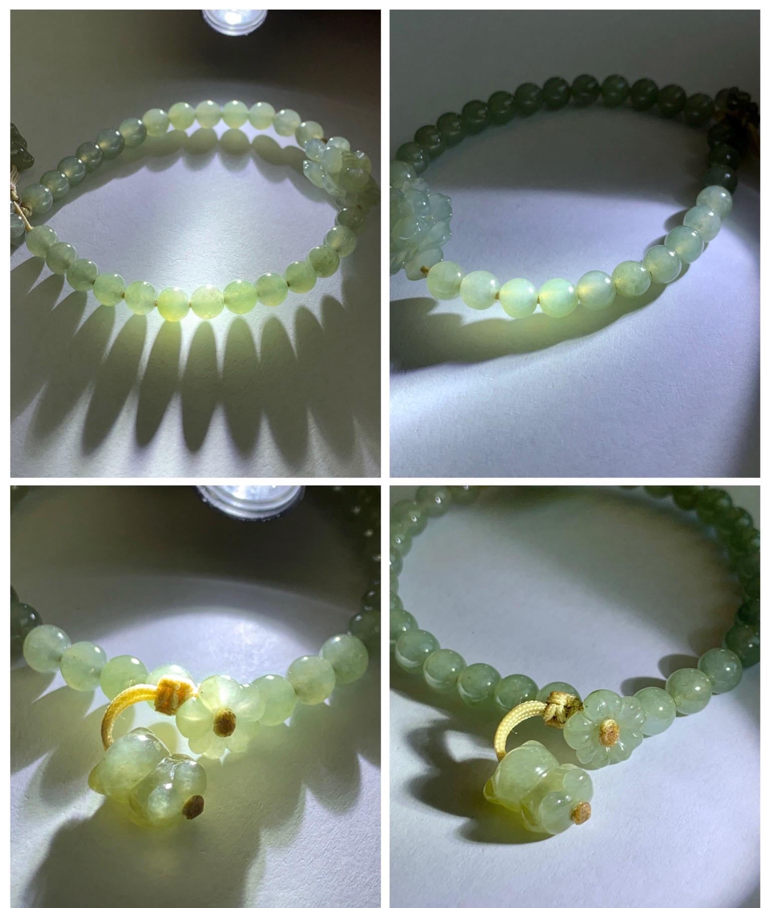Natural Grade A Icy Highly Translucent Light Beige Jade Jadeite Lotus Flower Teddy Bear Charm Beaded Bracelet 6.75" 天然冰胶淡茶黄翡翠莲花圆珠手串 MQH322