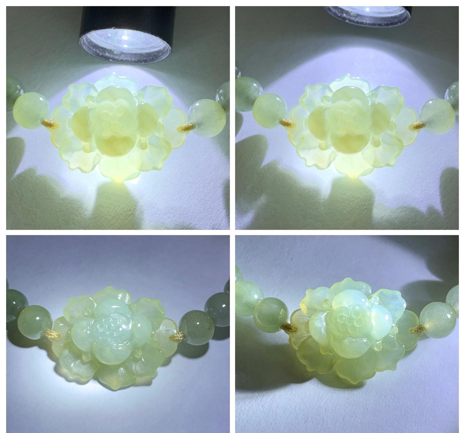 Natural Grade A Icy Highly Translucent Light Beige Jade Jadeite Lotus Flower Teddy Bear Charm Beaded Bracelet 6.75" 天然冰胶淡茶黄翡翠莲花圆珠手串 MQH322