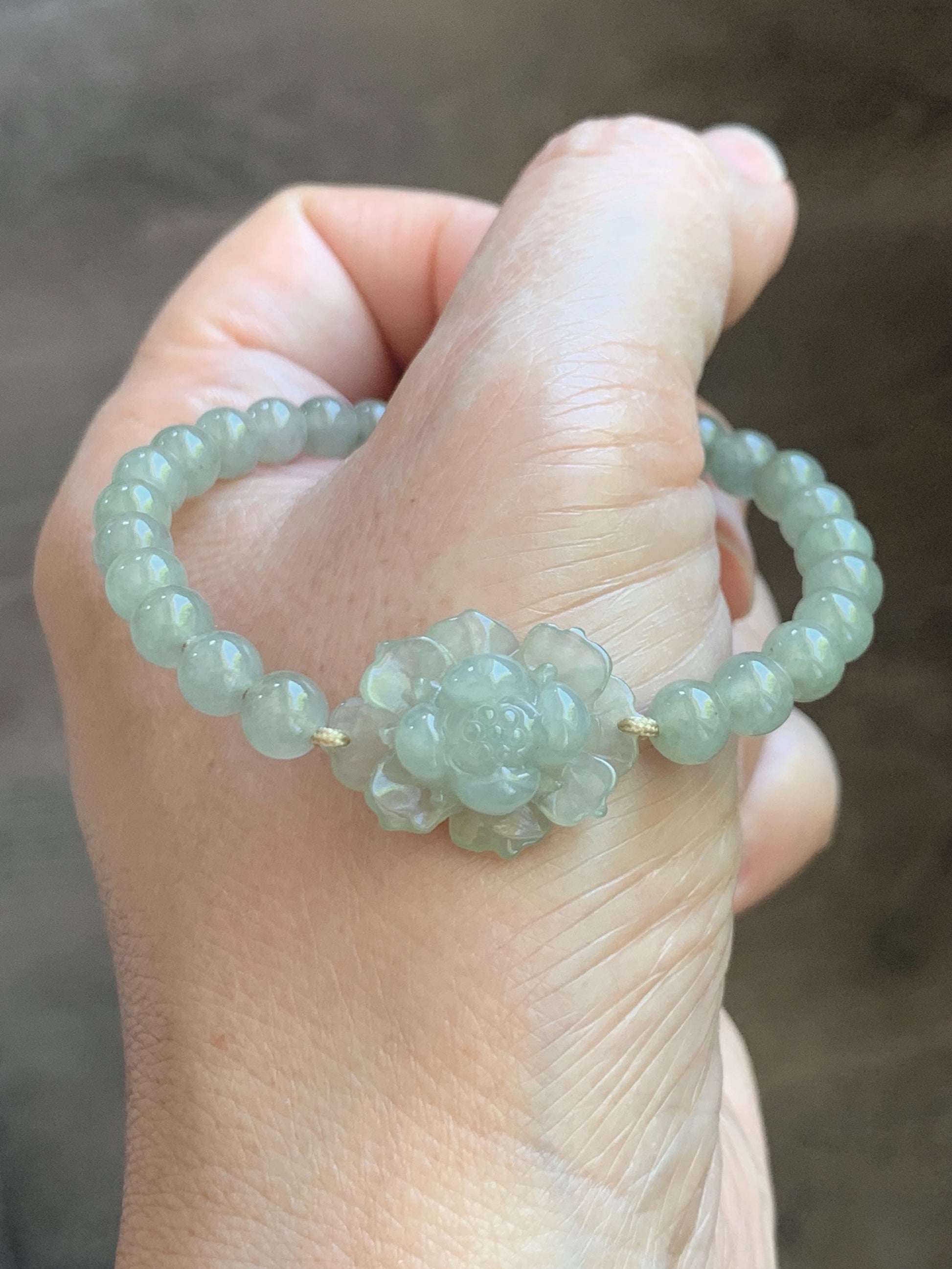 Natural Grade A Icy Highly Translucent Light Beige Jade Jadeite Lotus Flower Teddy Bear Charm Beaded Bracelet 6.75" 天然冰胶淡茶黄翡翠莲花圆珠手串 MQH322