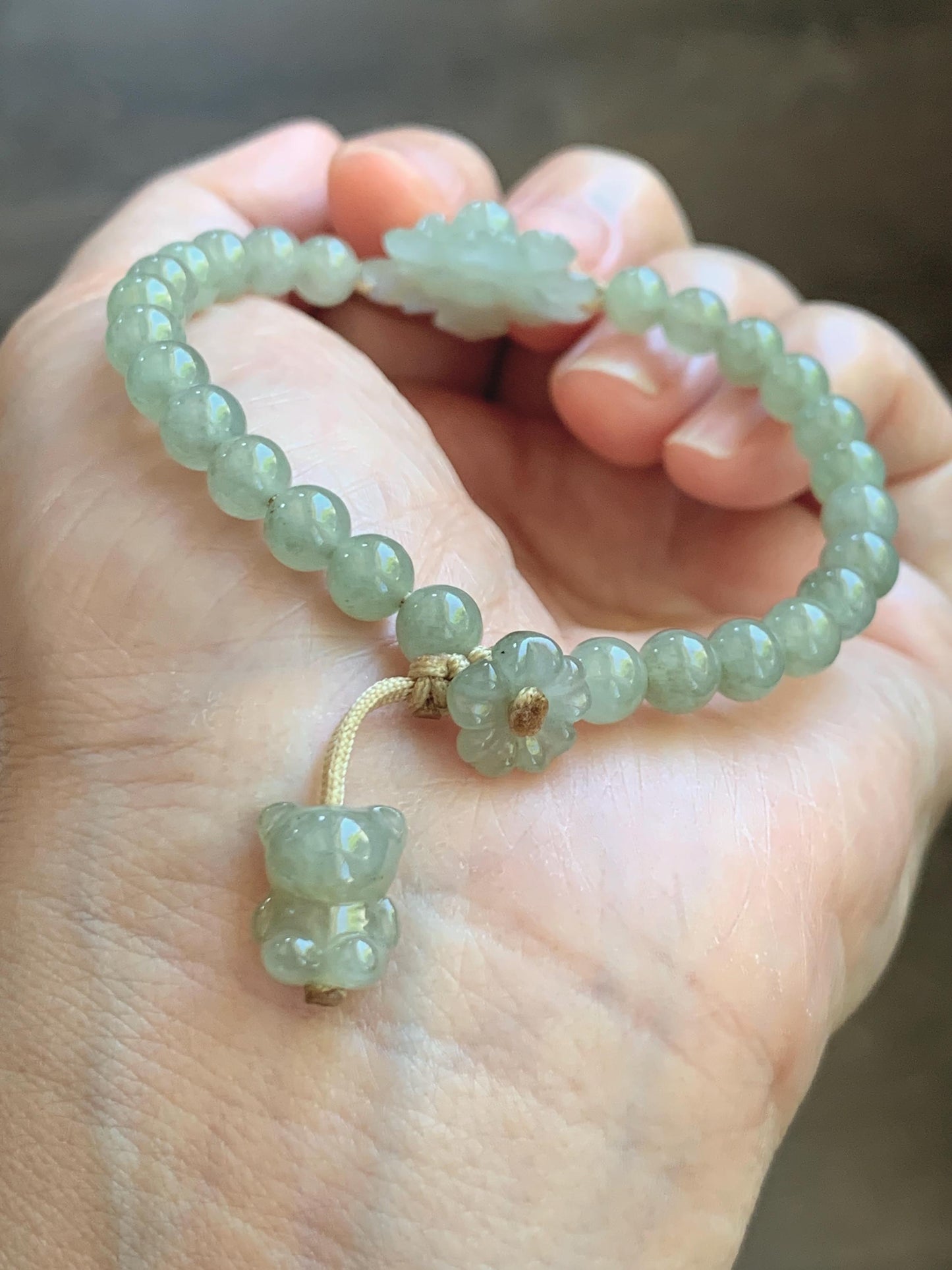 Natural Grade A Icy Highly Translucent Light Beige Jade Jadeite Lotus Flower Teddy Bear Charm Beaded Bracelet 6.75" 天然冰胶淡茶黄翡翠莲花圆珠手串 MQH322