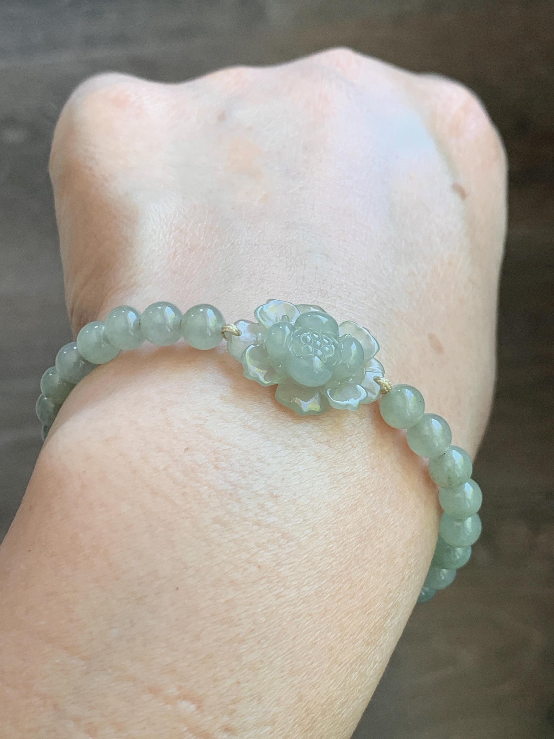 Natural Grade A Icy Highly Translucent Light Beige Jade Jadeite Lotus Flower Teddy Bear Charm Beaded Bracelet 6.75" 天然冰胶淡茶黄翡翠莲花圆珠手串 MQH322