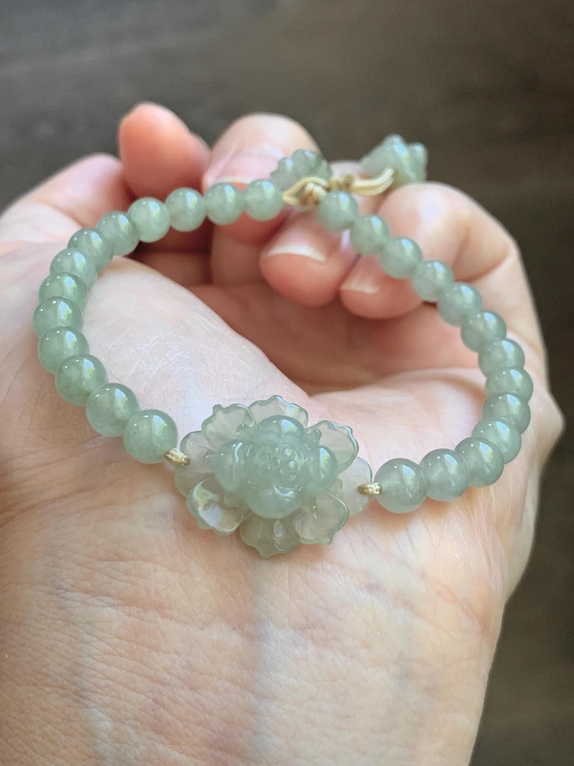 Natural Grade A Icy Highly Translucent Light Beige Jade Jadeite Lotus Flower Teddy Bear Charm Beaded Bracelet 6.75" 天然冰胶淡茶黄翡翠莲花圆珠手串 MQH322