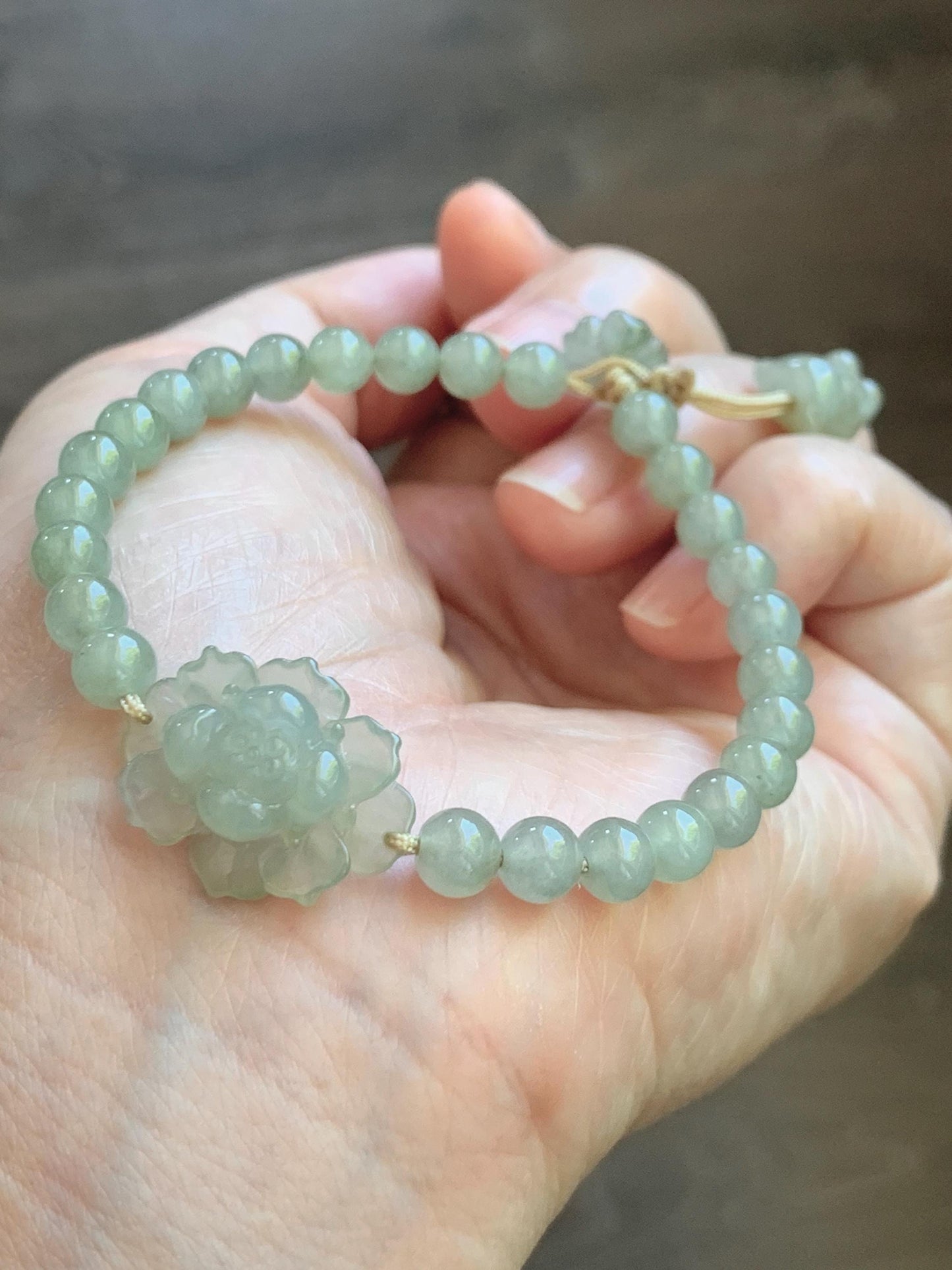 Natural Grade A Icy Highly Translucent Light Beige Jade Jadeite Lotus Flower Teddy Bear Charm Beaded Bracelet 6.75" 天然冰胶淡茶黄翡翠莲花圆珠手串 MQH322