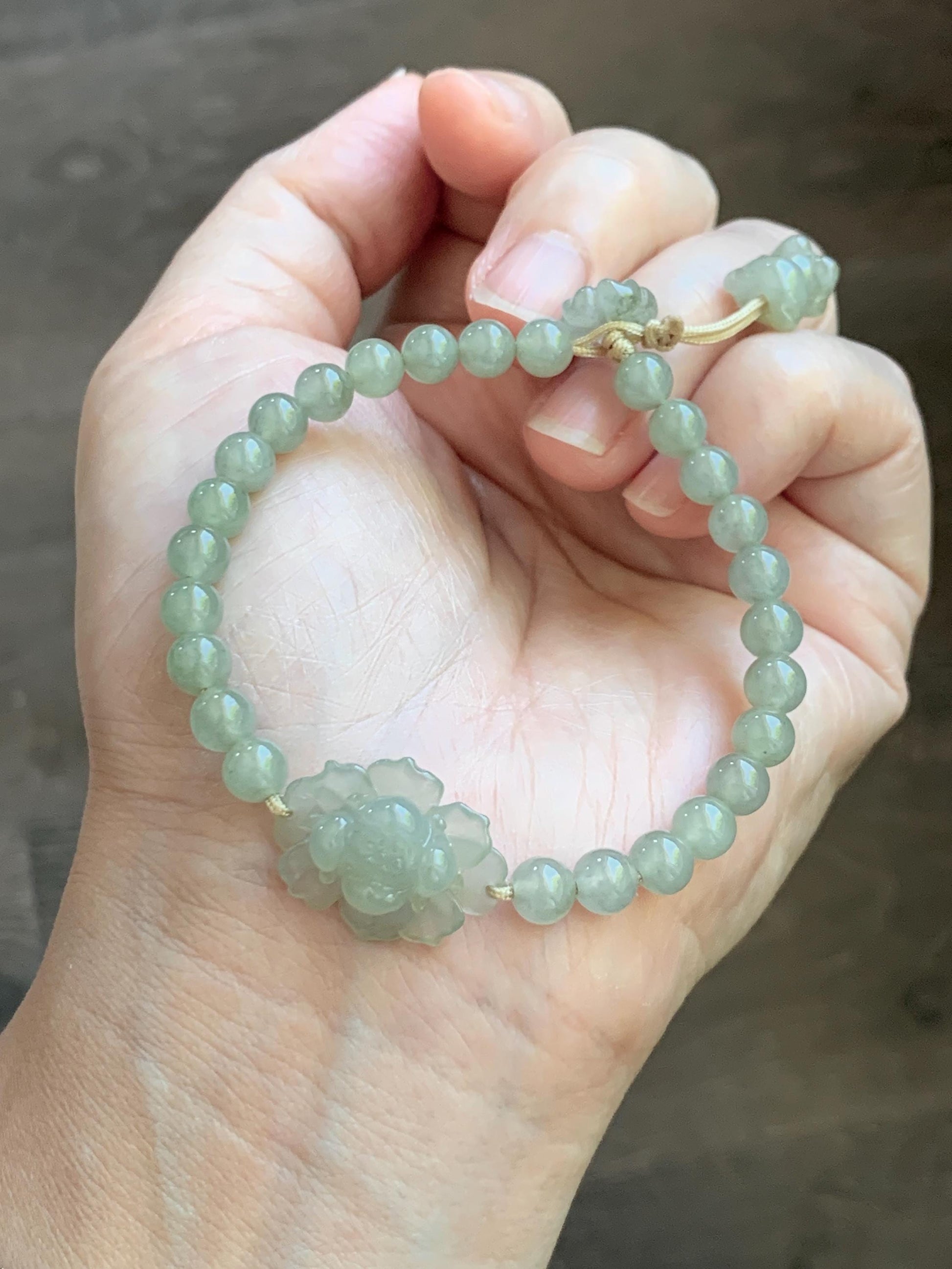 Natural Grade A Icy Highly Translucent Light Beige Jade Jadeite Lotus Flower Teddy Bear Charm Beaded Bracelet 6.75" 天然冰胶淡茶黄翡翠莲花圆珠手串 MQH322