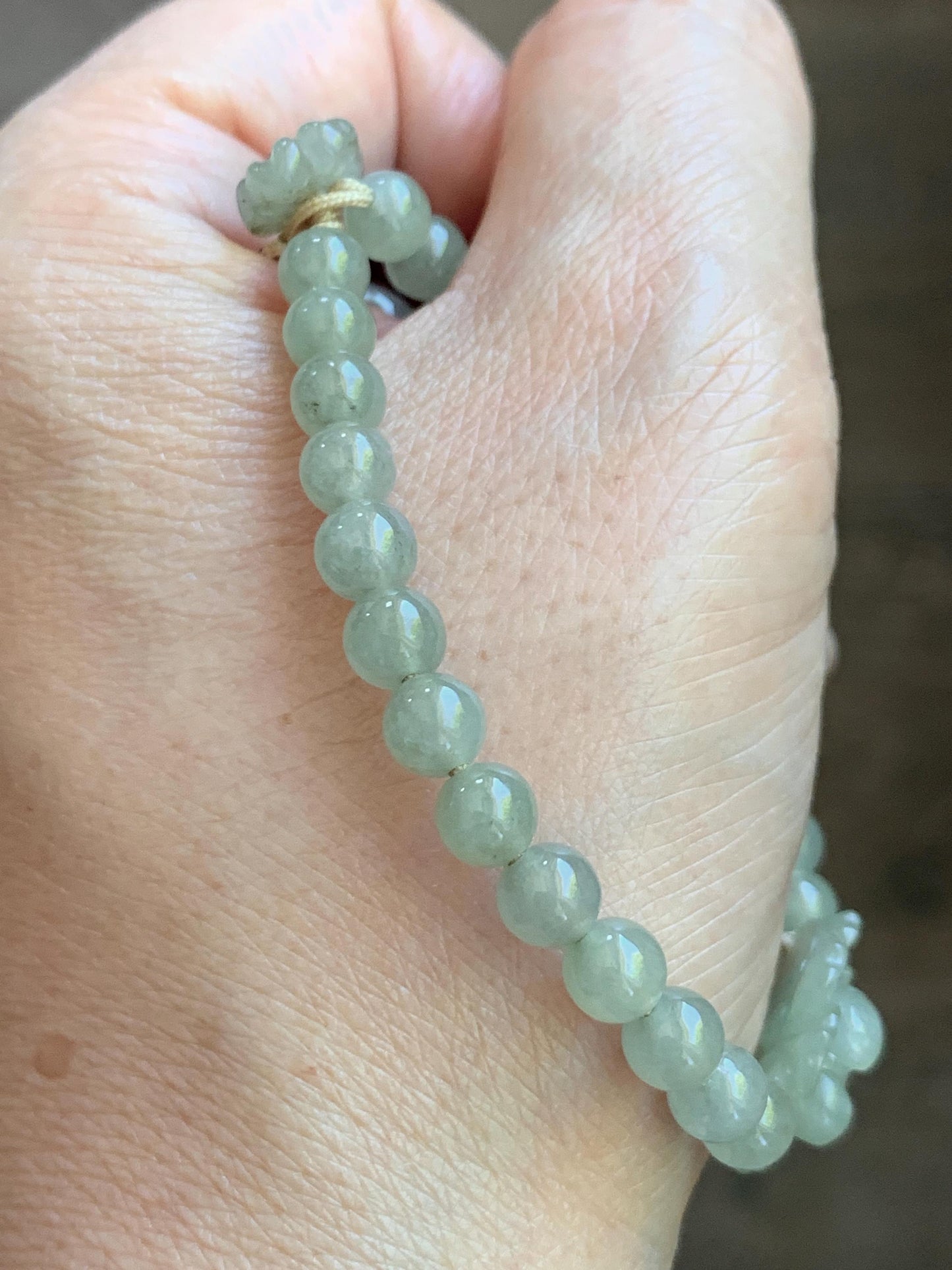Natural Grade A Icy Highly Translucent Light Beige Jade Jadeite Lotus Flower Teddy Bear Charm Beaded Bracelet 6.75" 天然冰胶淡茶黄翡翠莲花圆珠手串 MQH322