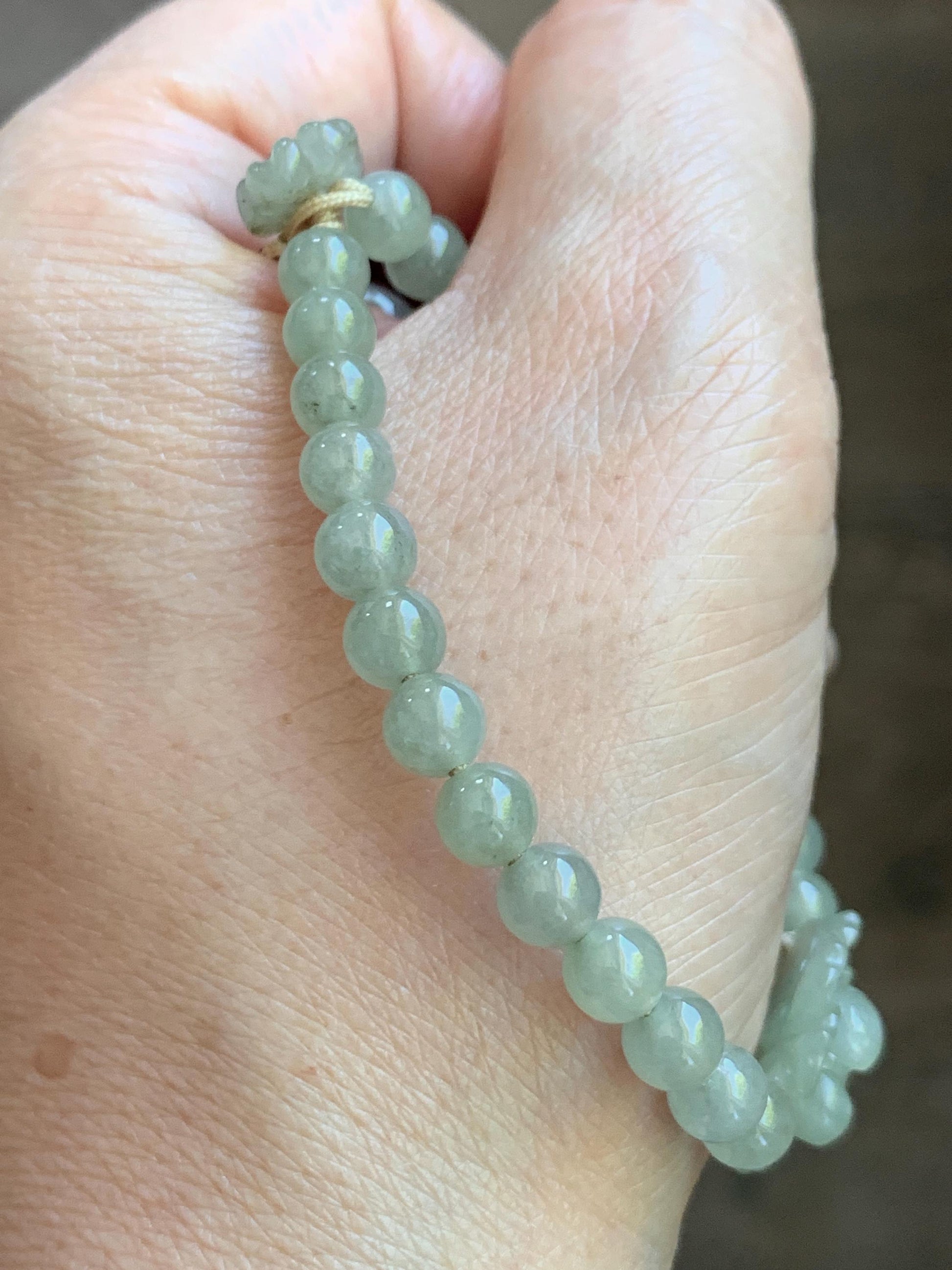 Natural Grade A Icy Highly Translucent Light Beige Jade Jadeite Lotus Flower Teddy Bear Charm Beaded Bracelet 6.75" 天然冰胶淡茶黄翡翠莲花圆珠手串 MQH322