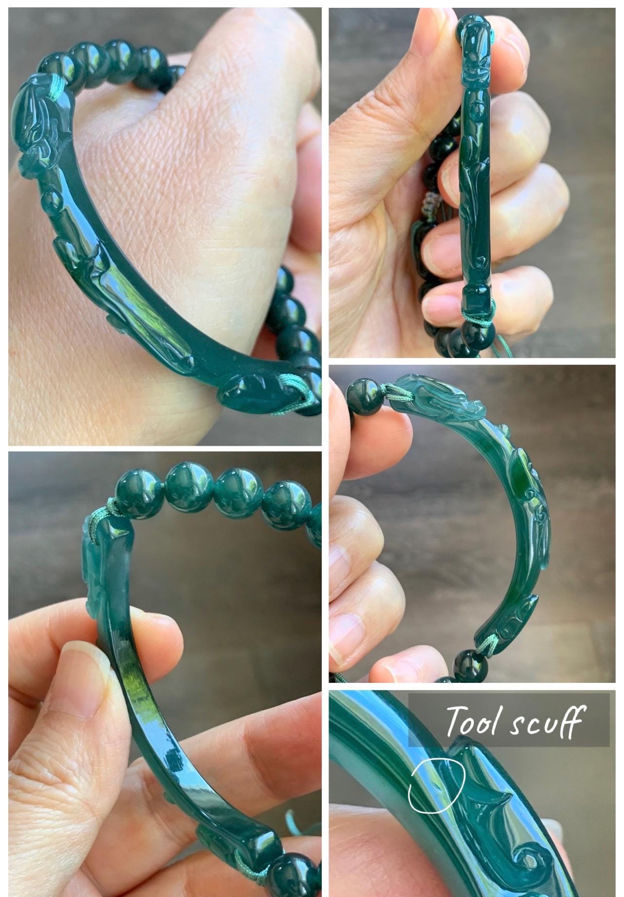 Natural Grade A Guatemalan Icy Translucent Dark Teal Blue & Green Jade Jadeite Dragon Hook Cuff Beaded Bracelet 7" 22g 天然冰危蓝绿龙钩手牌手串 WLG253