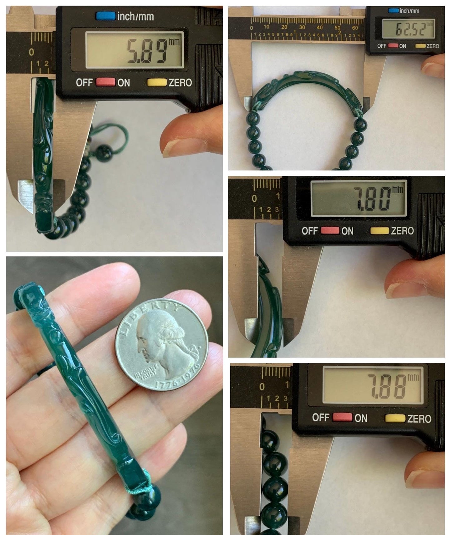Natural Grade A Guatemalan Icy Translucent Dark Teal Blue & Green Jade Jadeite Dragon Hook Cuff Beaded Bracelet 7" 22g 天然冰危蓝绿龙钩手牌手串 WLG253