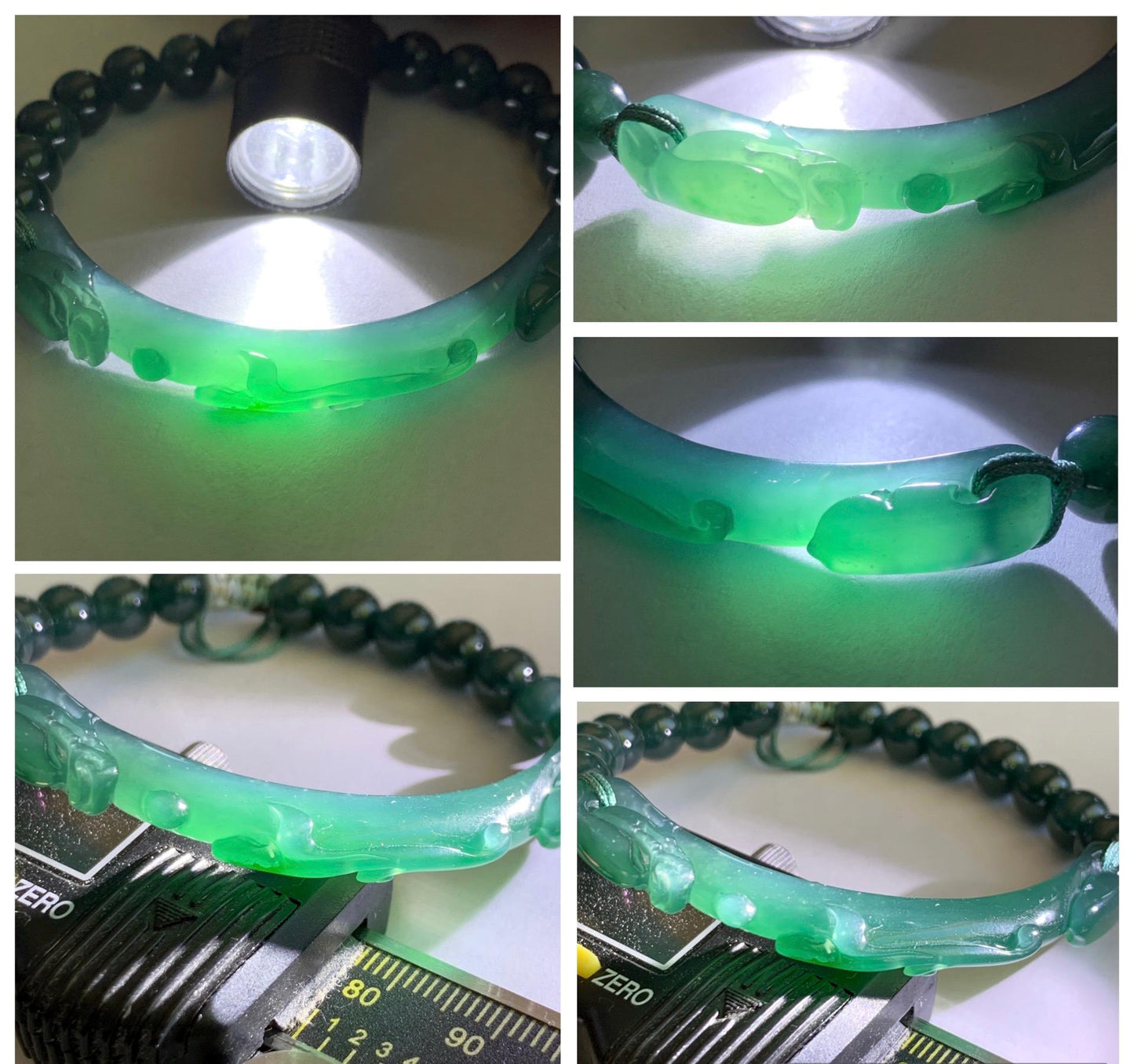 Natural Grade A Guatemalan Icy Translucent Dark Teal Blue & Green Jade Jadeite Dragon Hook Cuff Beaded Bracelet 7" 22g 天然冰危蓝绿龙钩手牌手串 WLG253