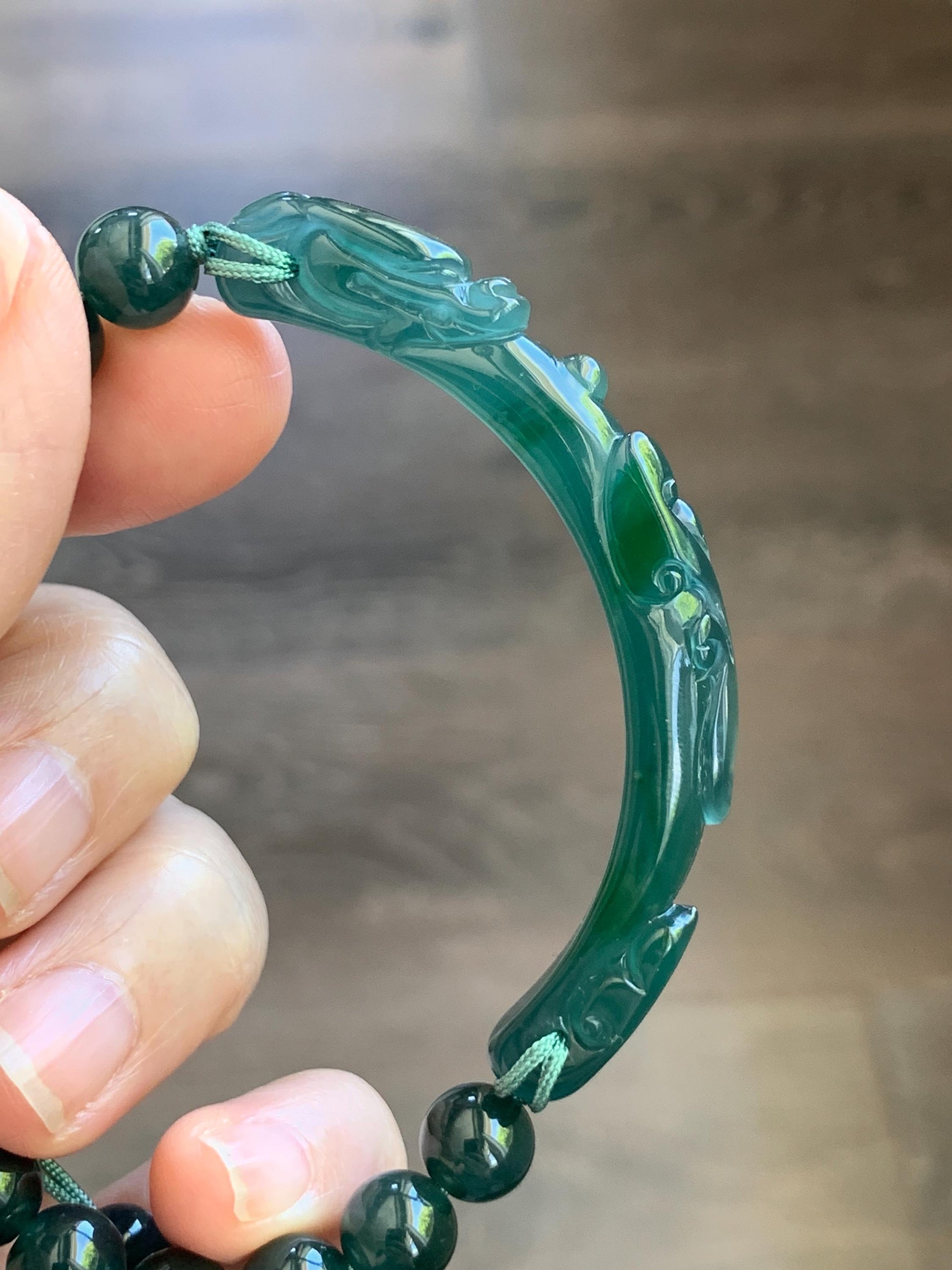 Natural Grade A Guatemalan Icy Translucent Dark Teal Blue & Green Jade Jadeite Dragon Hook Cuff Beaded Bracelet 7" 22g 天然冰危蓝绿龙钩手牌手串 WLG253