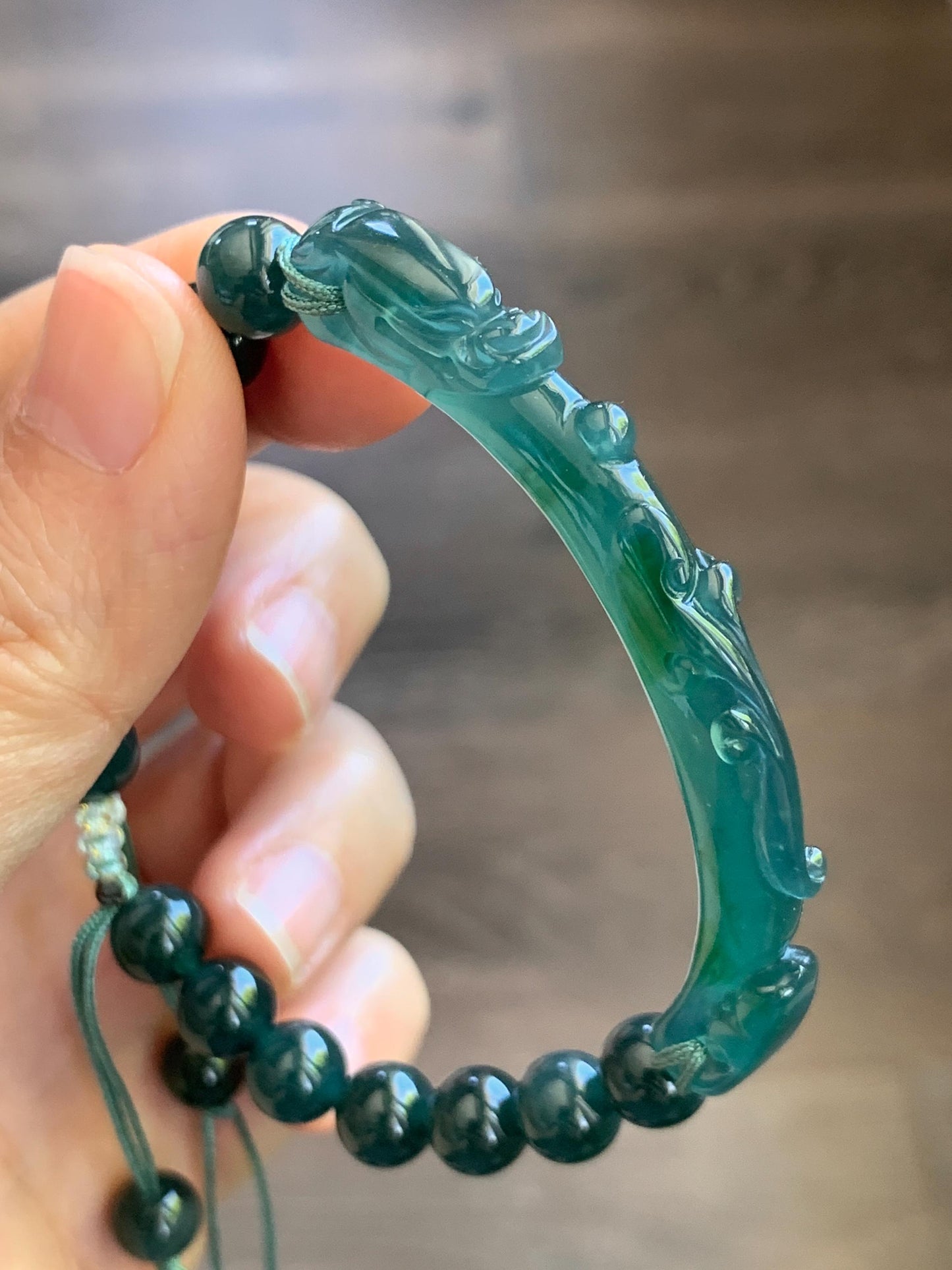 Natural Grade A Guatemalan Icy Translucent Dark Teal Blue & Green Jade Jadeite Dragon Hook Cuff Beaded Bracelet 7" 22g 天然冰危蓝绿龙钩手牌手串 WLG253