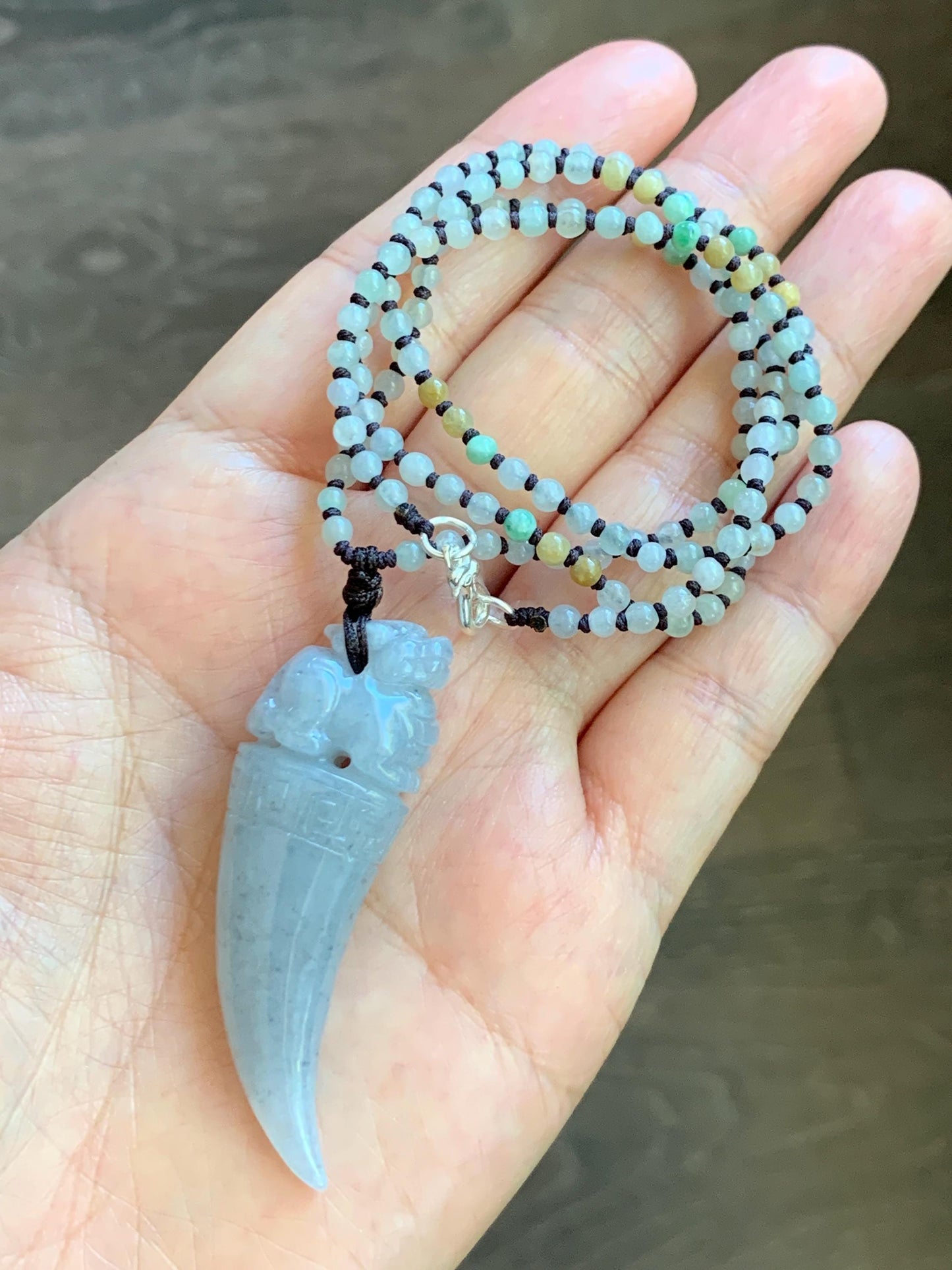Natural Grade A Icy Translucent Light Gray Wuji Jade Jadeite Pixiu Tooth Pendant Jadeite Beaded Necklace 21.25” 23g 天然冰胶淡乌鸡翡翠貔貅牙吊坠项链 MWP258