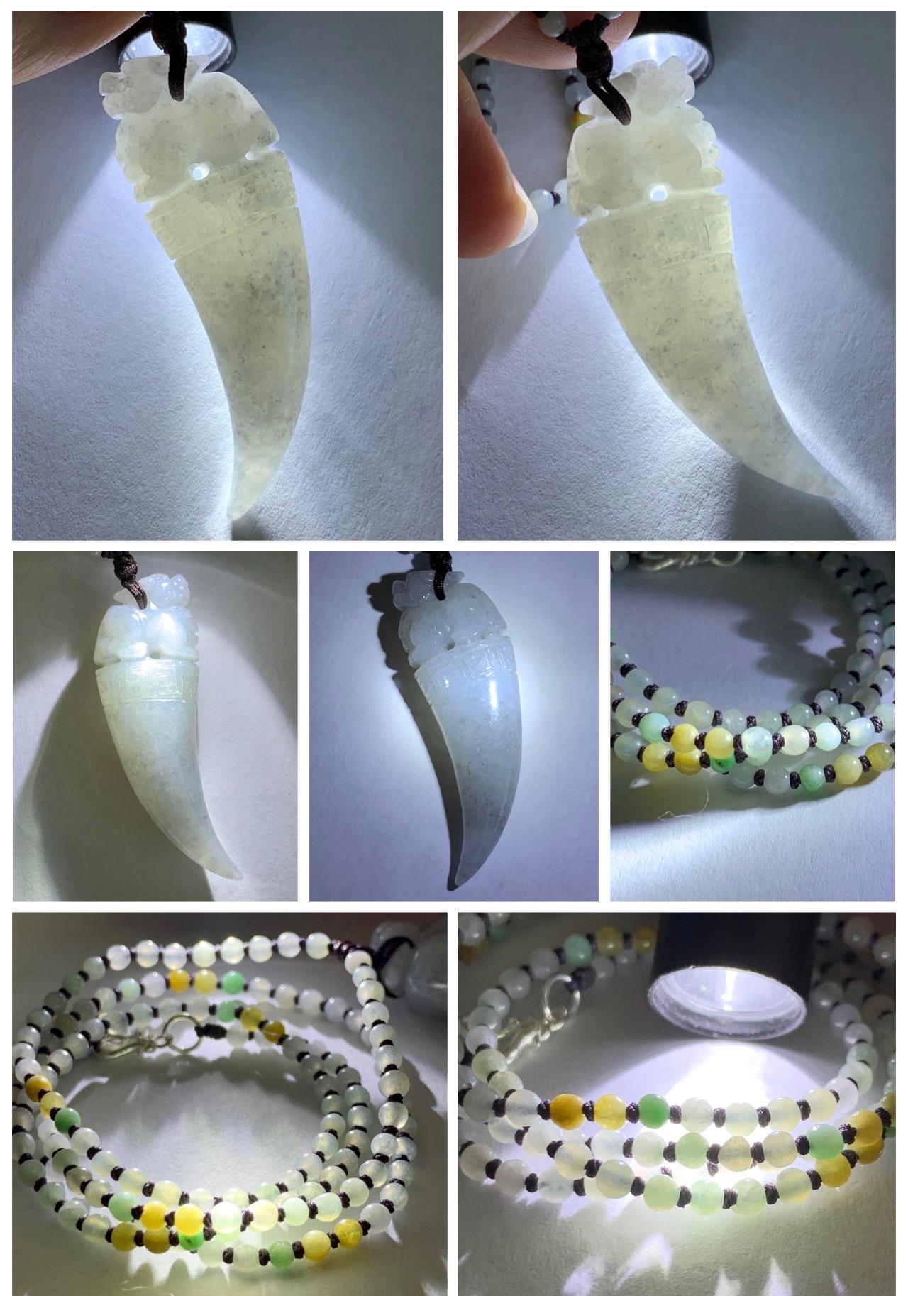 Natural Grade A Icy Translucent Light Gray Wuji Jade Jadeite Pixiu Tooth Pendant Jadeite Beaded Necklace 21.25” 23g 天然冰胶淡乌鸡翡翠貔貅牙吊坠项链 MWP258