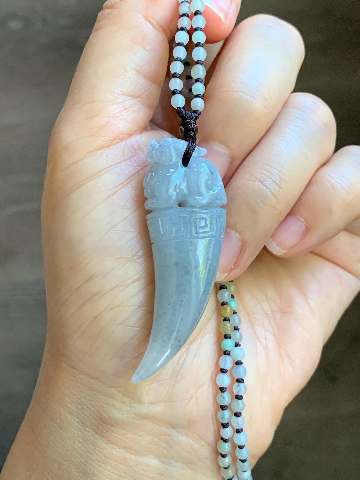 Natural Grade A Icy Translucent Light Gray Wuji Jade Jadeite Pixiu Tooth Pendant Jadeite Beaded Necklace 21.25” 23g 天然冰胶淡乌鸡翡翠貔貅牙吊坠项链 MWP258