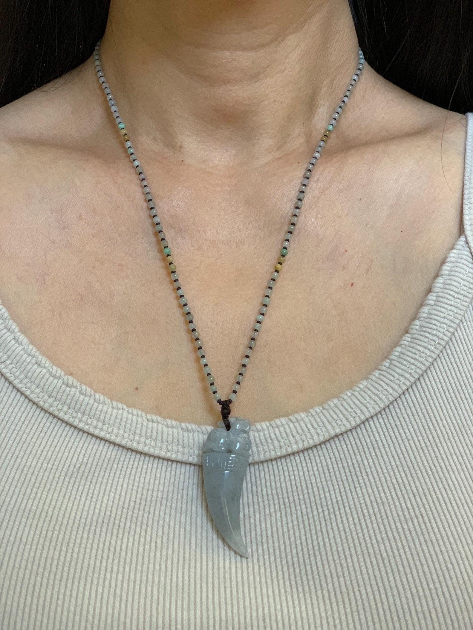 Natural Grade A Icy Translucent Light Gray Wuji Jade Jadeite Pixiu Tooth Pendant Jadeite Beaded Necklace 21.25” 23g 天然冰胶淡乌鸡翡翠貔貅牙吊坠项链 MWP258