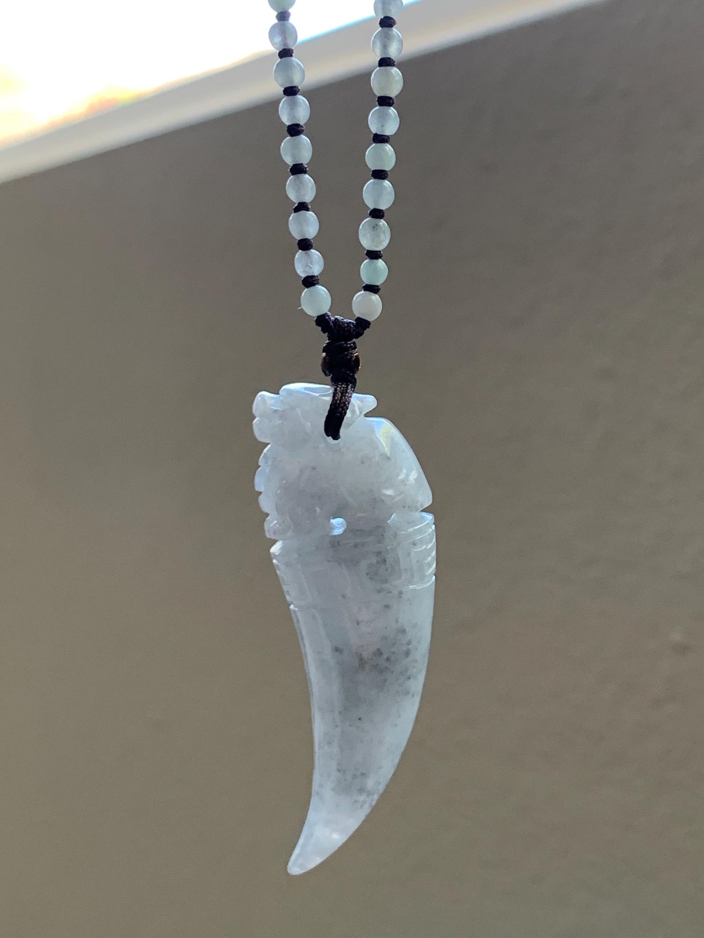Natural Grade A Icy Translucent Light Gray Wuji Jade Jadeite Pixiu Tooth Pendant Jadeite Beaded Necklace 21.25” 23g 天然冰胶淡乌鸡翡翠貔貅牙吊坠项链 MWP258