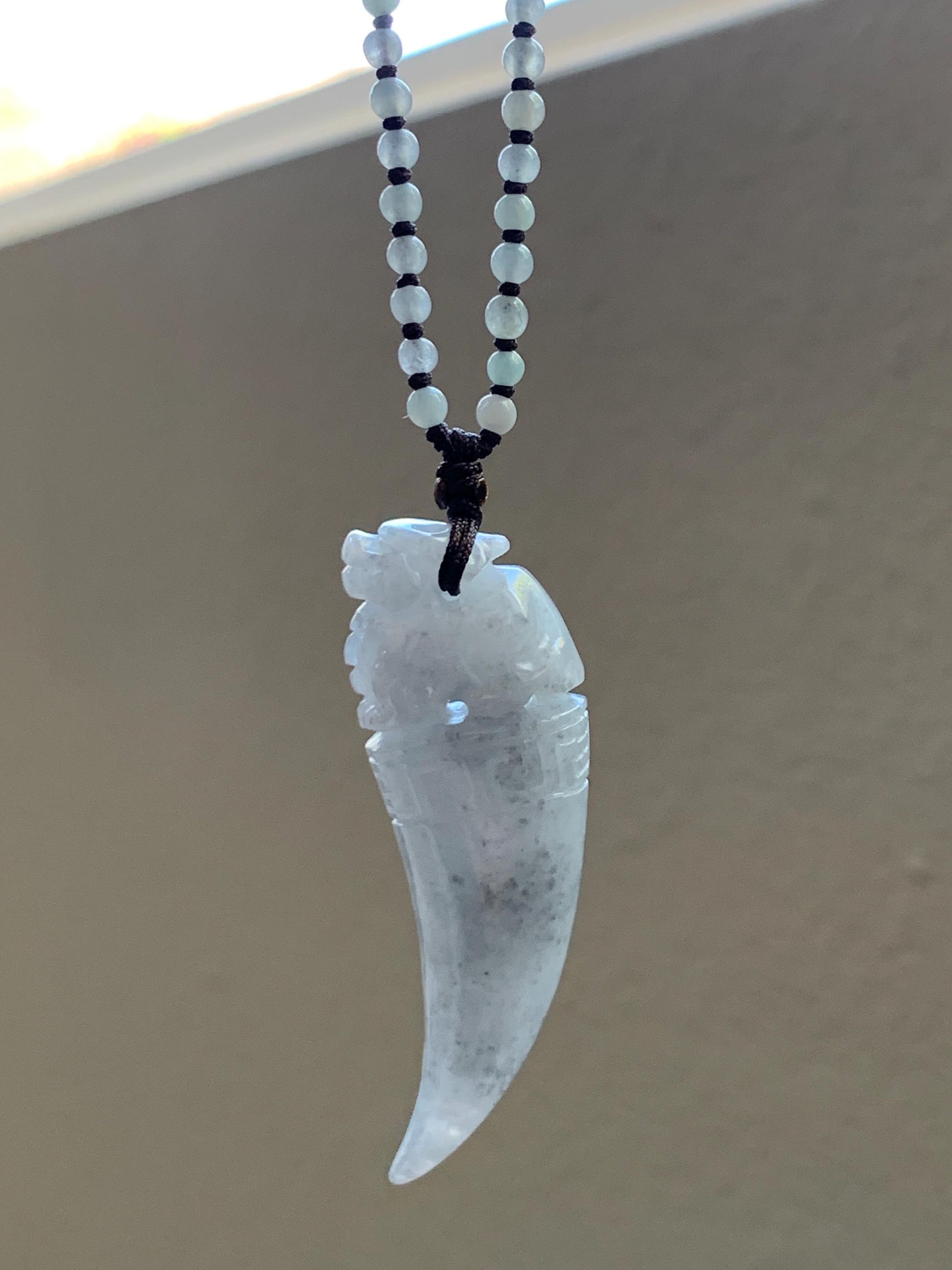 Natural Grade A Icy Translucent Light Gray Wuji Jade Jadeite Pixiu Tooth Pendant Jadeite Beaded Necklace 21.25” 23g 天然冰胶淡乌鸡翡翠貔貅牙吊坠项链 MWP258