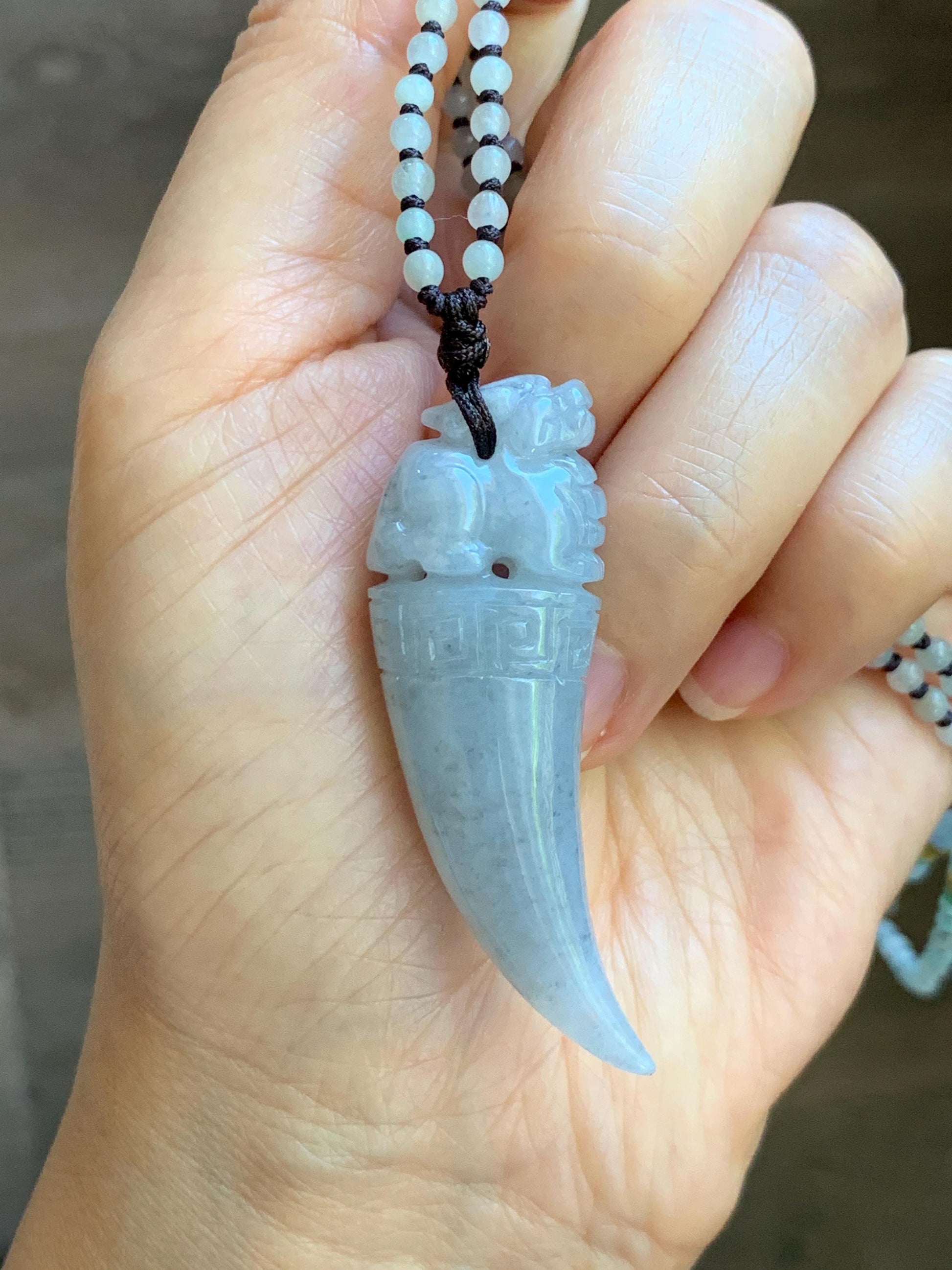 Natural Grade A Icy Translucent Light Gray Wuji Jade Jadeite Pixiu Tooth Pendant Jadeite Beaded Necklace 21.25” 23g 天然冰胶淡乌鸡翡翠貔貅牙吊坠项链 MWP258