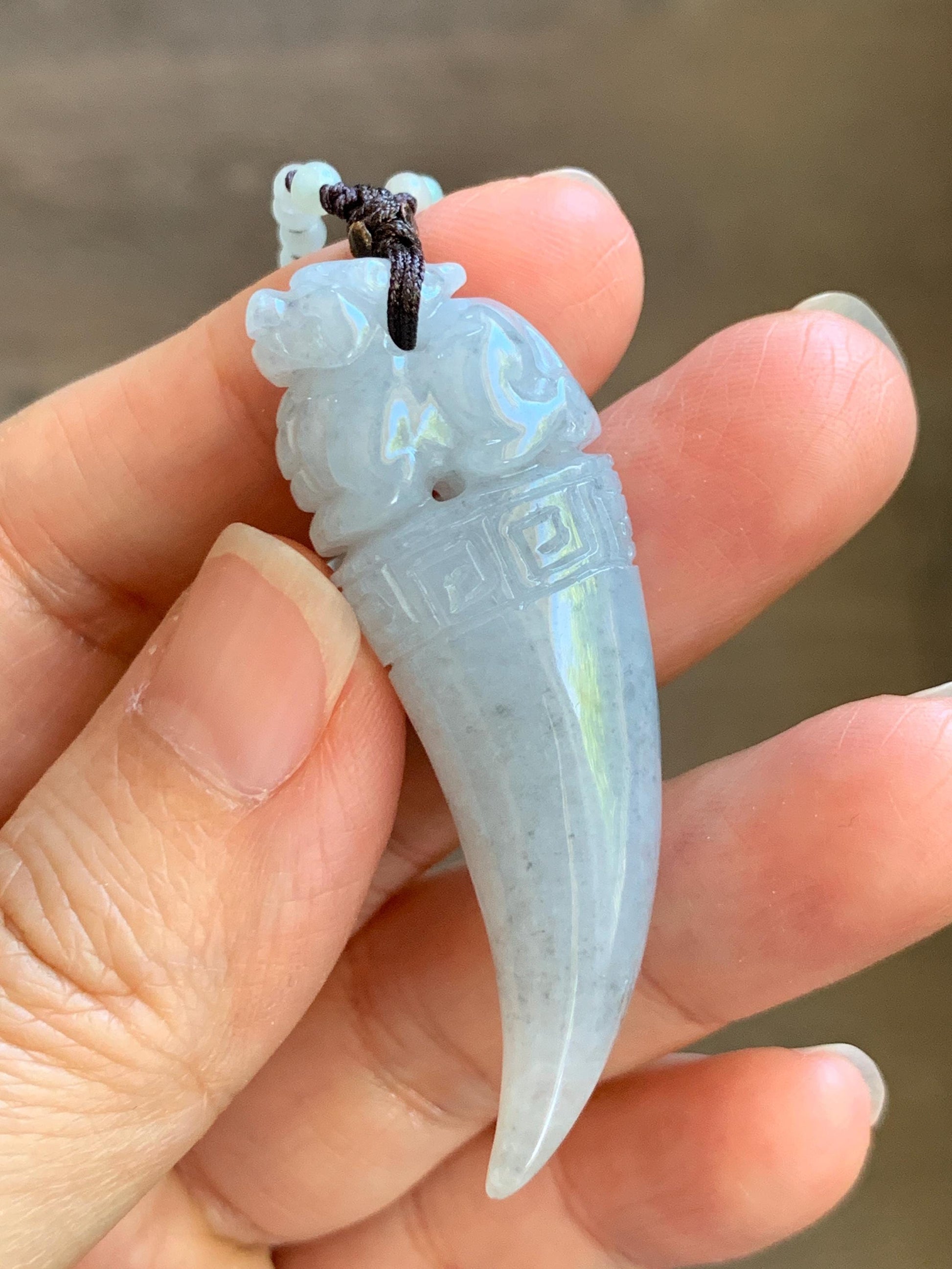 Natural Grade A Icy Translucent Light Gray Wuji Jade Jadeite Pixiu Tooth Pendant Jadeite Beaded Necklace 21.25” 23g 天然冰胶淡乌鸡翡翠貔貅牙吊坠项链 MWP258