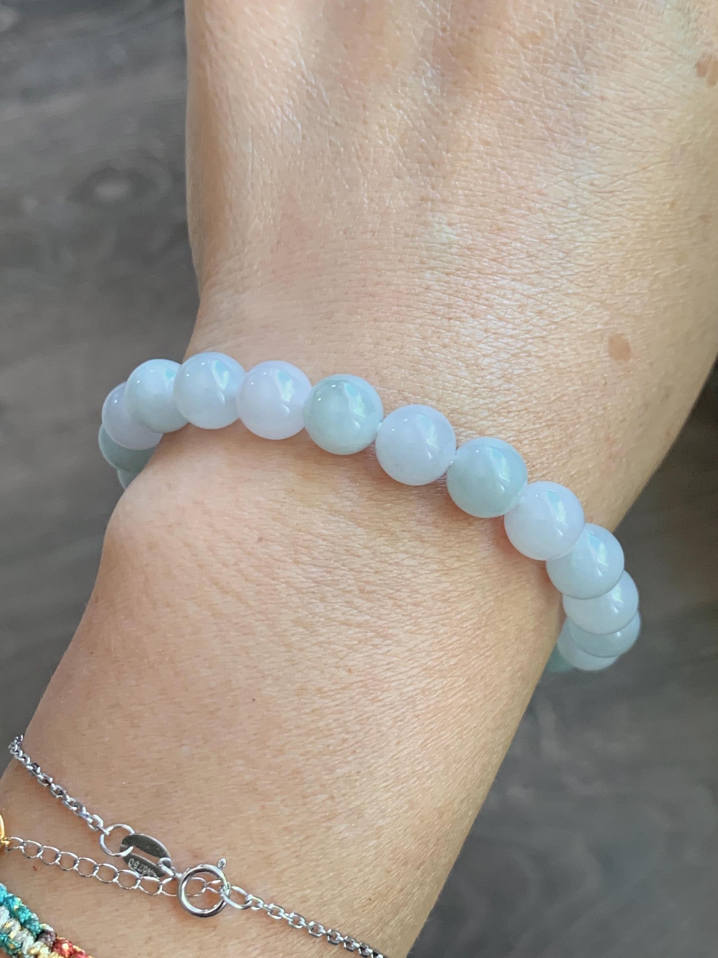 Natural Grade A Icy Translucent White & Pastel Green Jade Jadeite Round Beads Beaded Bracelet 8mm 6.75" 20g 天然冰胶多宝翡翠圆珠手串 MBB220