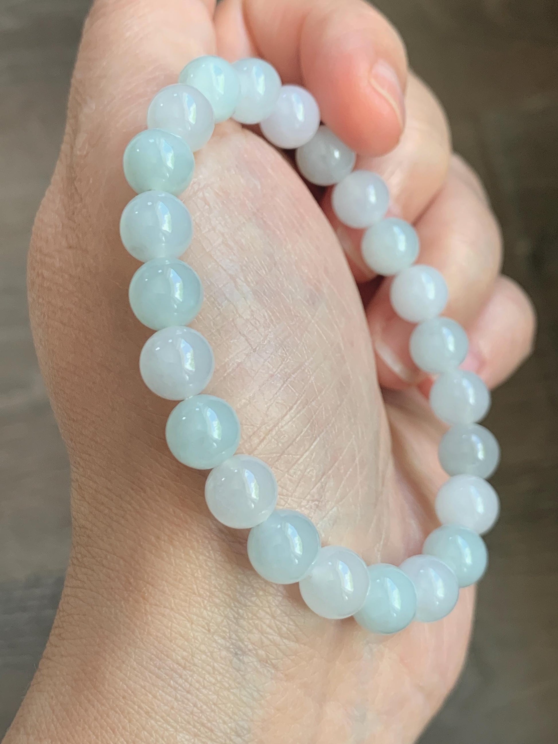Natural Grade A Icy Translucent White & Pastel Green Jade Jadeite Round Beads Beaded Bracelet 8mm 6.75" 20g 天然冰胶多宝翡翠圆珠手串 MBB220