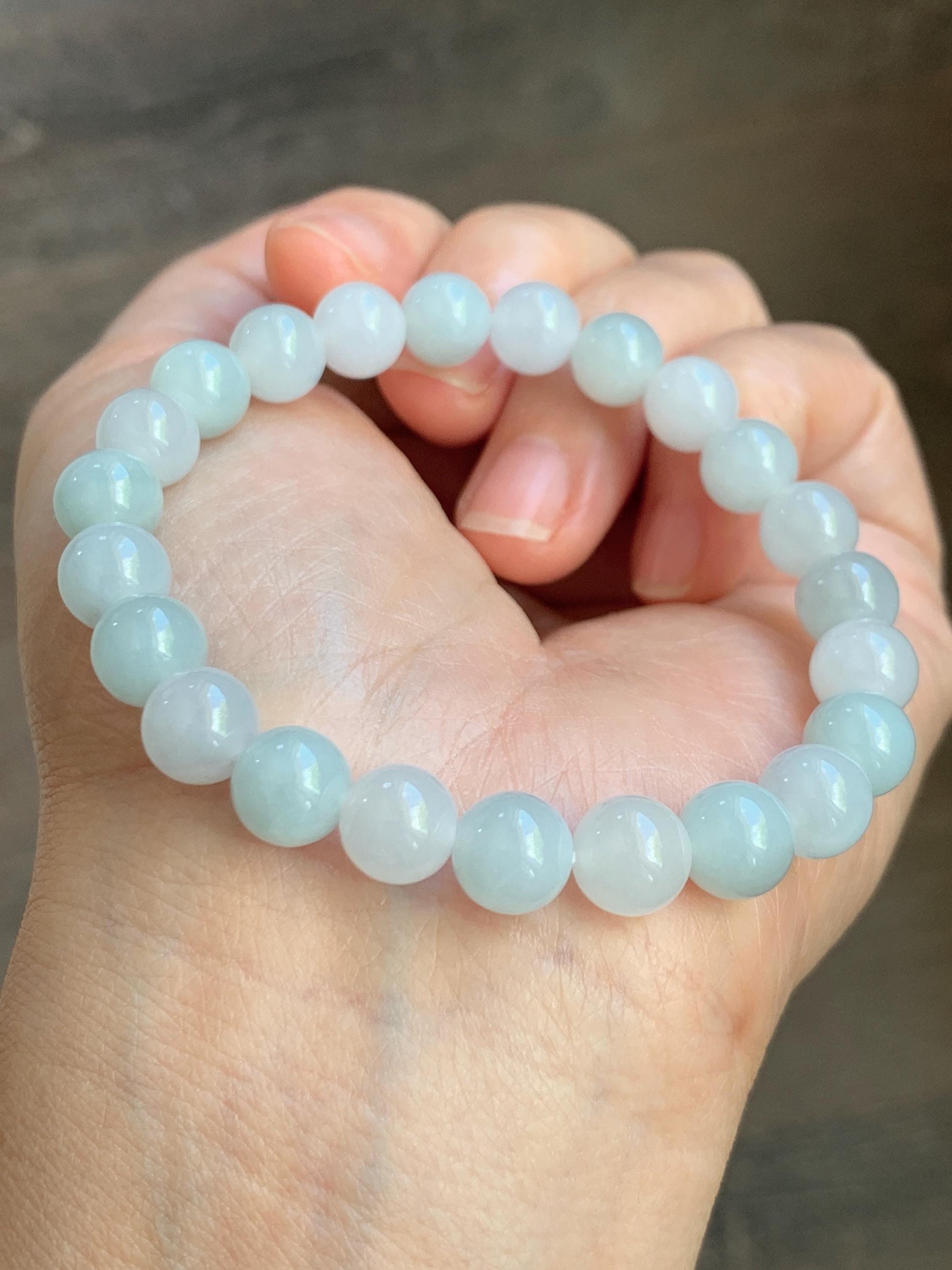 Natural Grade A Icy Translucent White & Pastel Green Jade Jadeite Round Beads Beaded Bracelet 8mm 6.75" 20g 天然冰胶多宝翡翠圆珠手串 MBB220