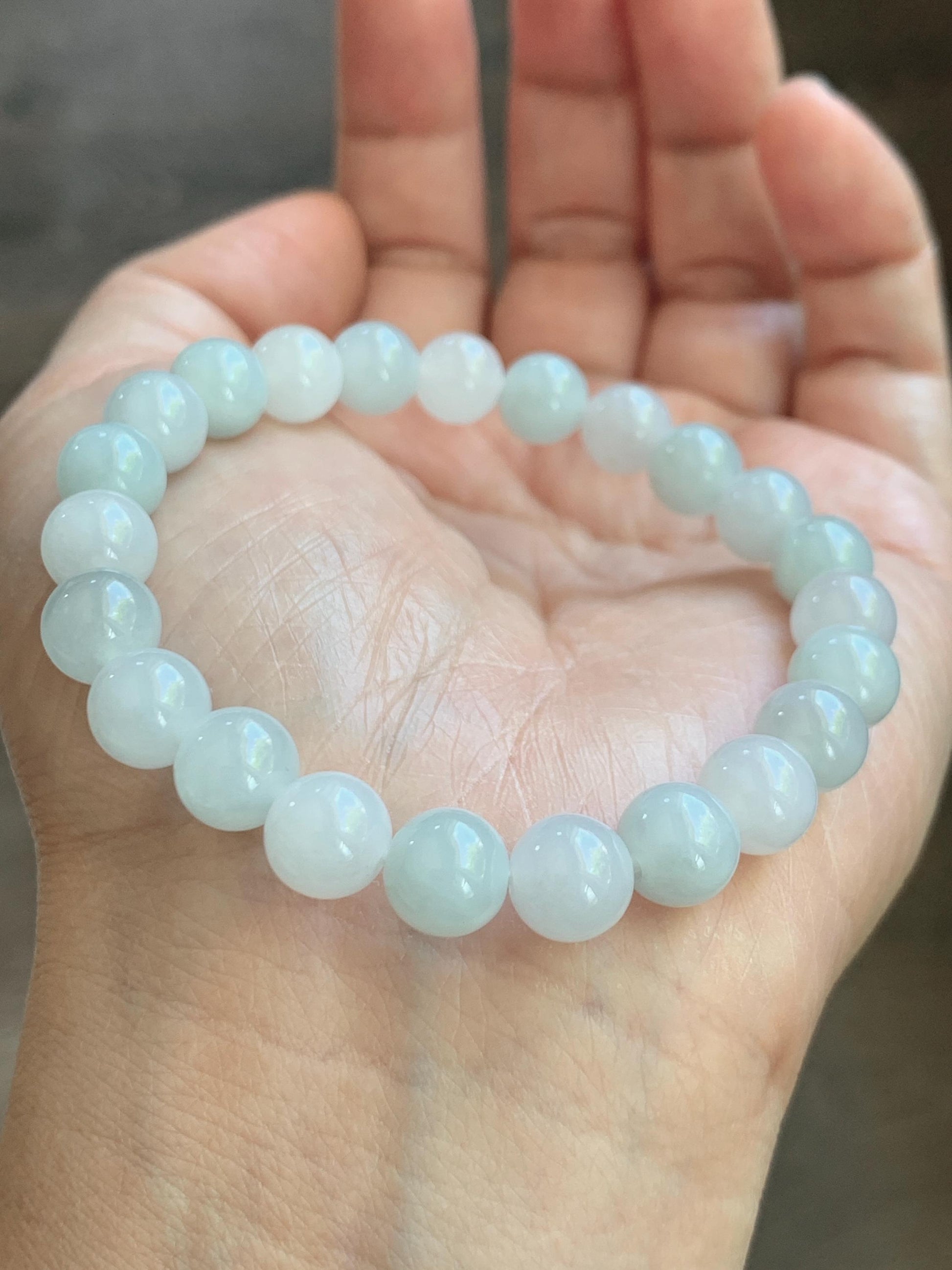 Natural Grade A Icy Translucent White & Pastel Green Jade Jadeite Round Beads Beaded Bracelet 8mm 6.75" 20g 天然冰胶多宝翡翠圆珠手串 MBB220