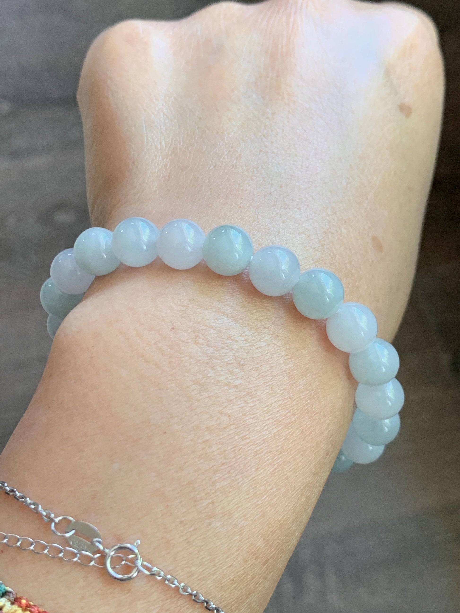 Natural Grade A Icy Translucent White & Pastel Green Jade Jadeite Round Beads Beaded Bracelet 8mm 6.75" 20g 天然冰胶多宝翡翠圆珠手串 MBB220