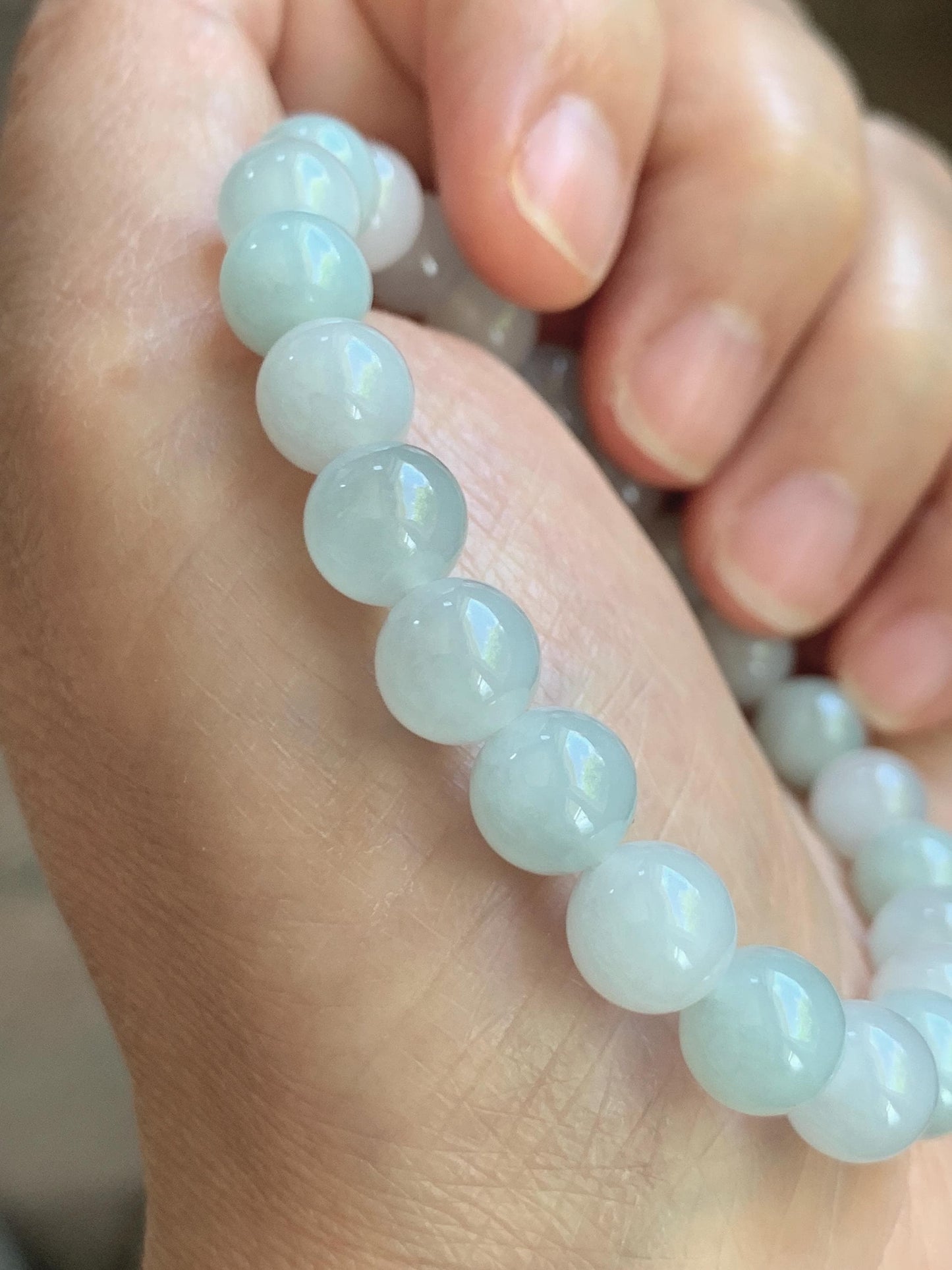 Natural Grade A Icy Translucent White & Pastel Green Jade Jadeite Round Beads Beaded Bracelet 8mm 6.75" 20g 天然冰胶多宝翡翠圆珠手串 MBB220