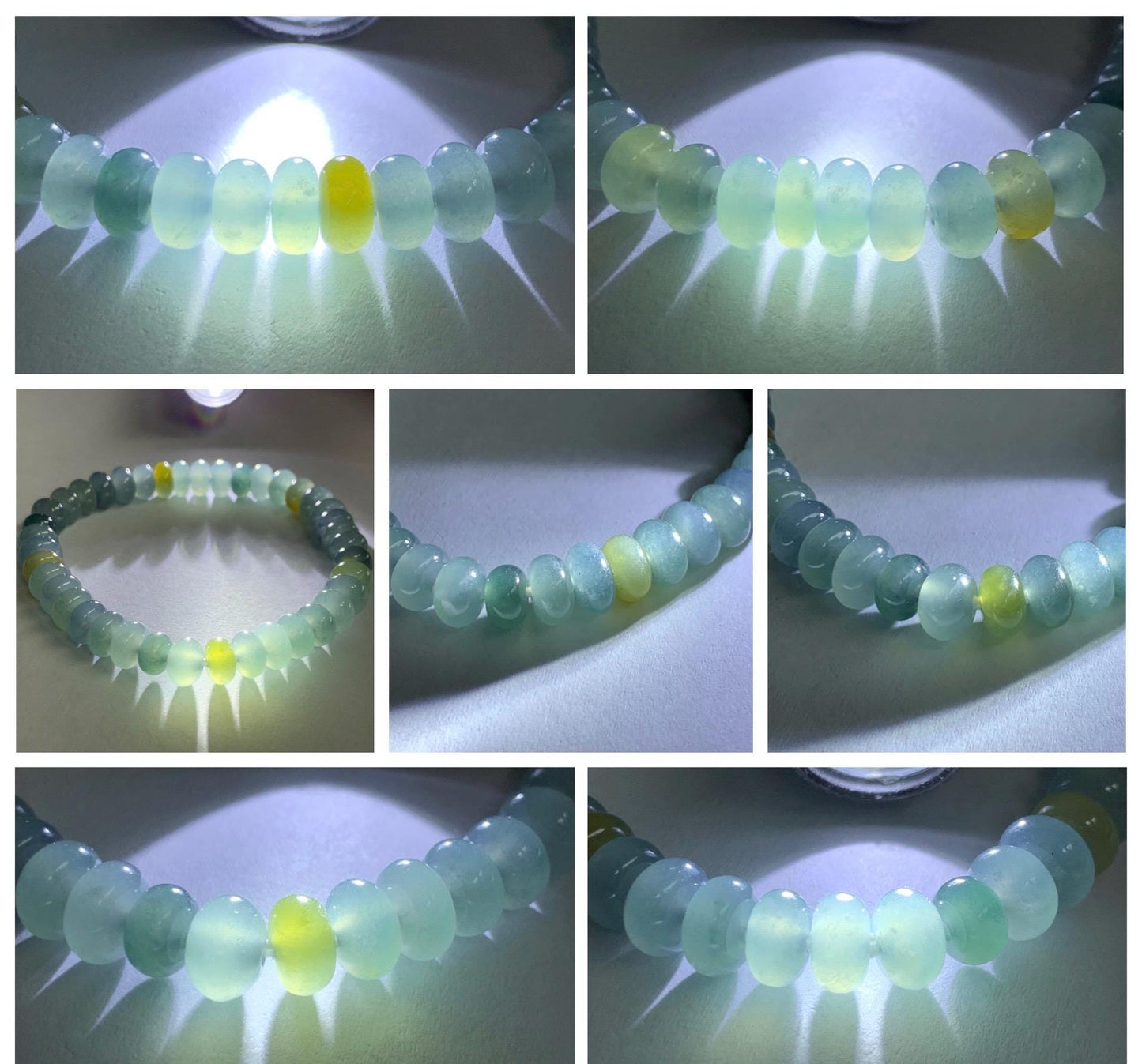 Natural Grade A Guatemalan Icy Highly Translucent Light Teal & Yellow Jade Jadeite Drum Beads Beaded Bracelet 6.5” 16g 天然冰胶危蓝加黄翡翠鼓珠手串WQD580A