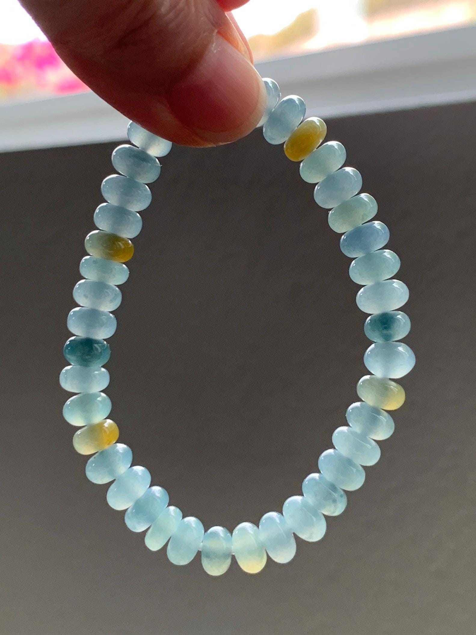Natural Grade A Guatemalan Icy Highly Translucent Light Teal & Yellow Jade Jadeite Drum Beads Beaded Bracelet 6.5” 16g 天然冰胶危蓝加黄翡翠鼓珠手串WQD580A