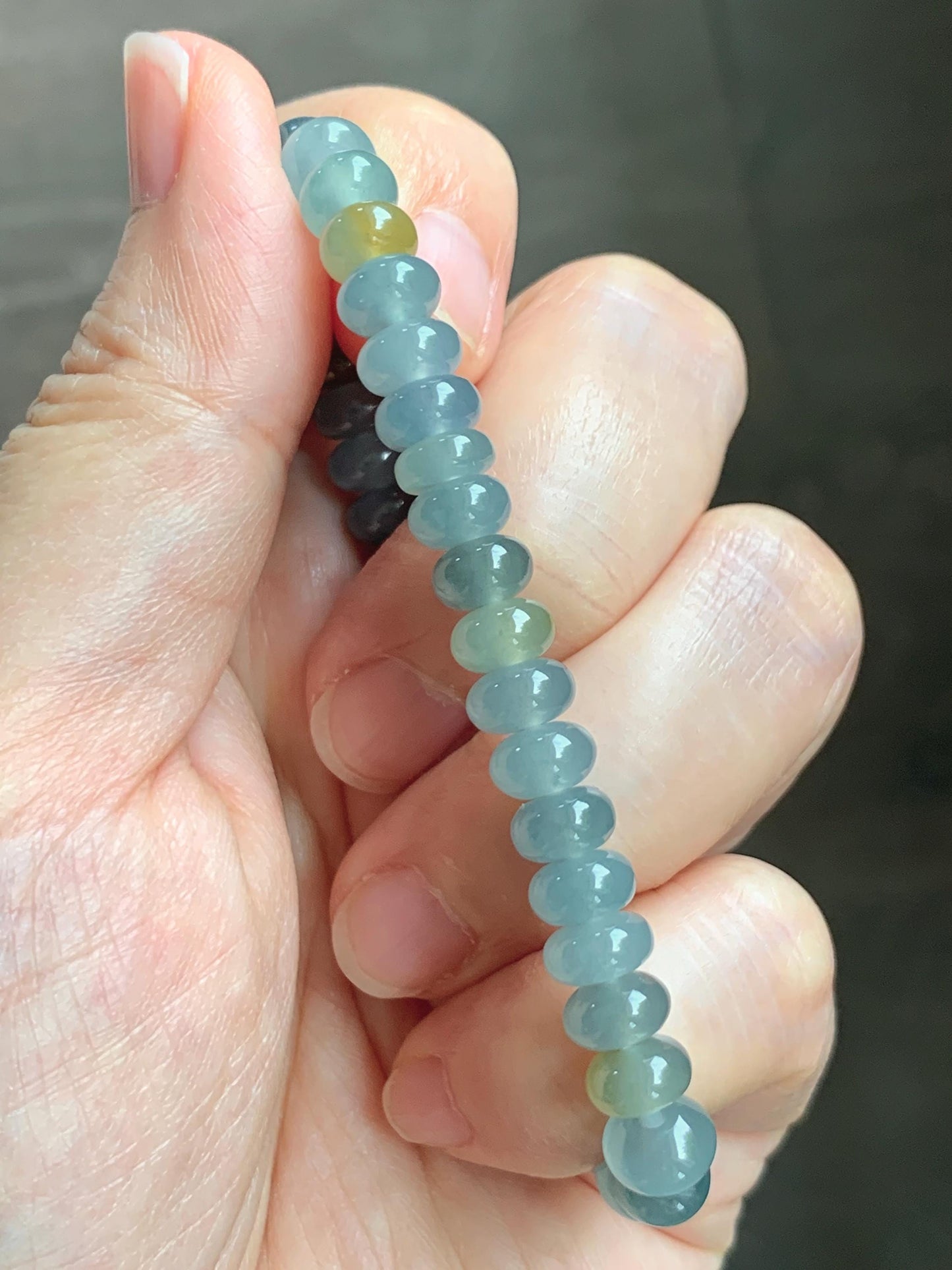 Natural Grade A Guatemalan Icy Highly Translucent Light Teal & Yellow Jade Jadeite Drum Beads Beaded Bracelet 6.5” 16g 天然冰胶危蓝加黄翡翠鼓珠手串WQD580A
