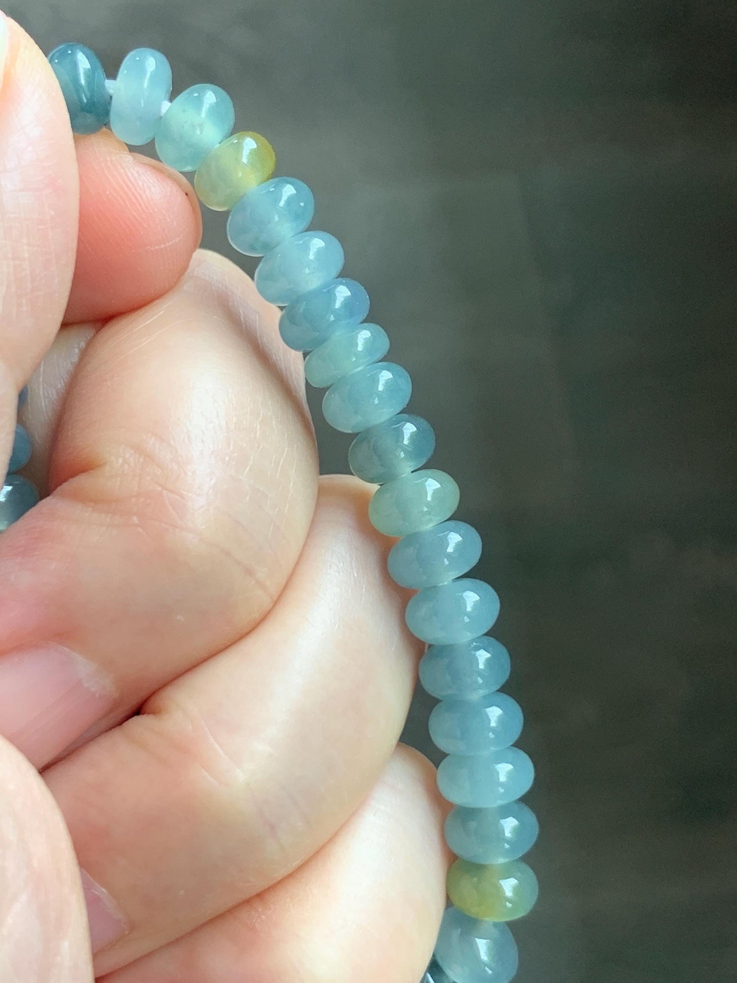 Natural Grade A Guatemalan Icy Highly Translucent Light Teal & Yellow Jade Jadeite Drum Beads Beaded Bracelet 6.5” 16g 天然冰胶危蓝加黄翡翠鼓珠手串WQD580A