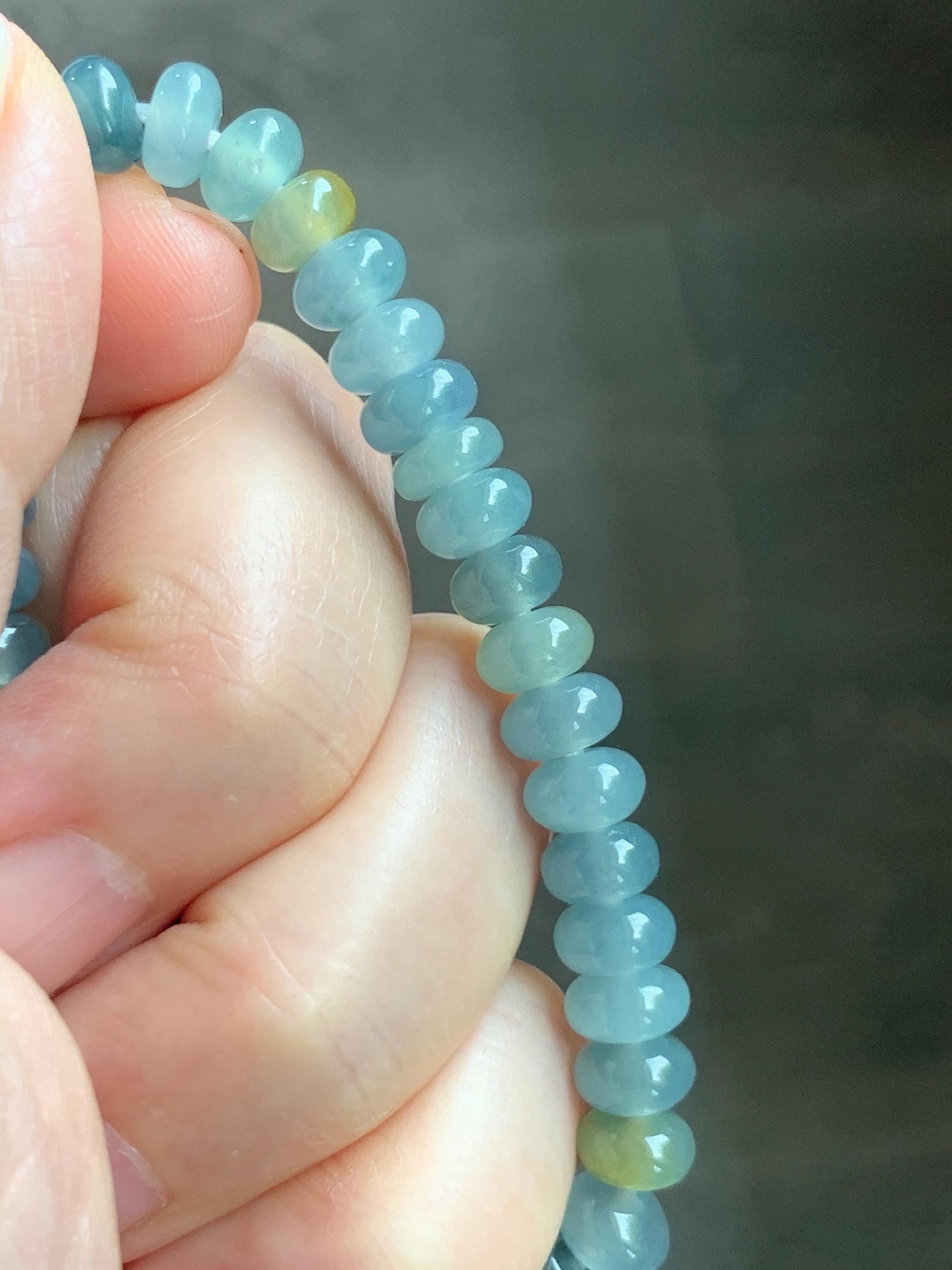 Natural Grade A Guatemalan Icy Highly Translucent Light Teal & Yellow Jade Jadeite Drum Beads Beaded Bracelet 6.5” 16g 天然冰胶危蓝加黄翡翠鼓珠手串WQD580A
