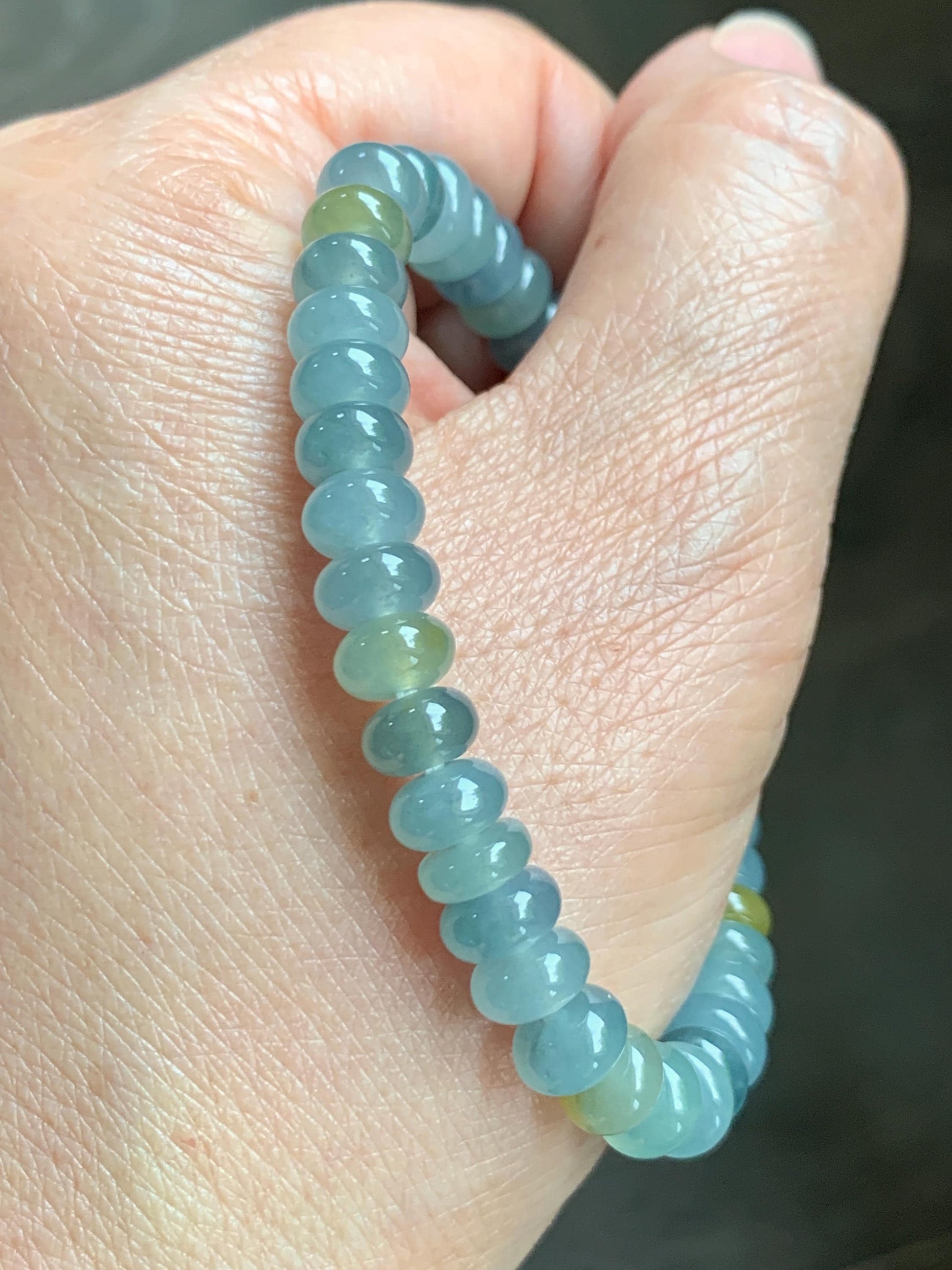 Natural Grade A Guatemalan Icy Highly Translucent Light Teal & Yellow Jade Jadeite Drum Beads Beaded Bracelet 6.5” 16g 天然冰胶危蓝加黄翡翠鼓珠手串WQD580A