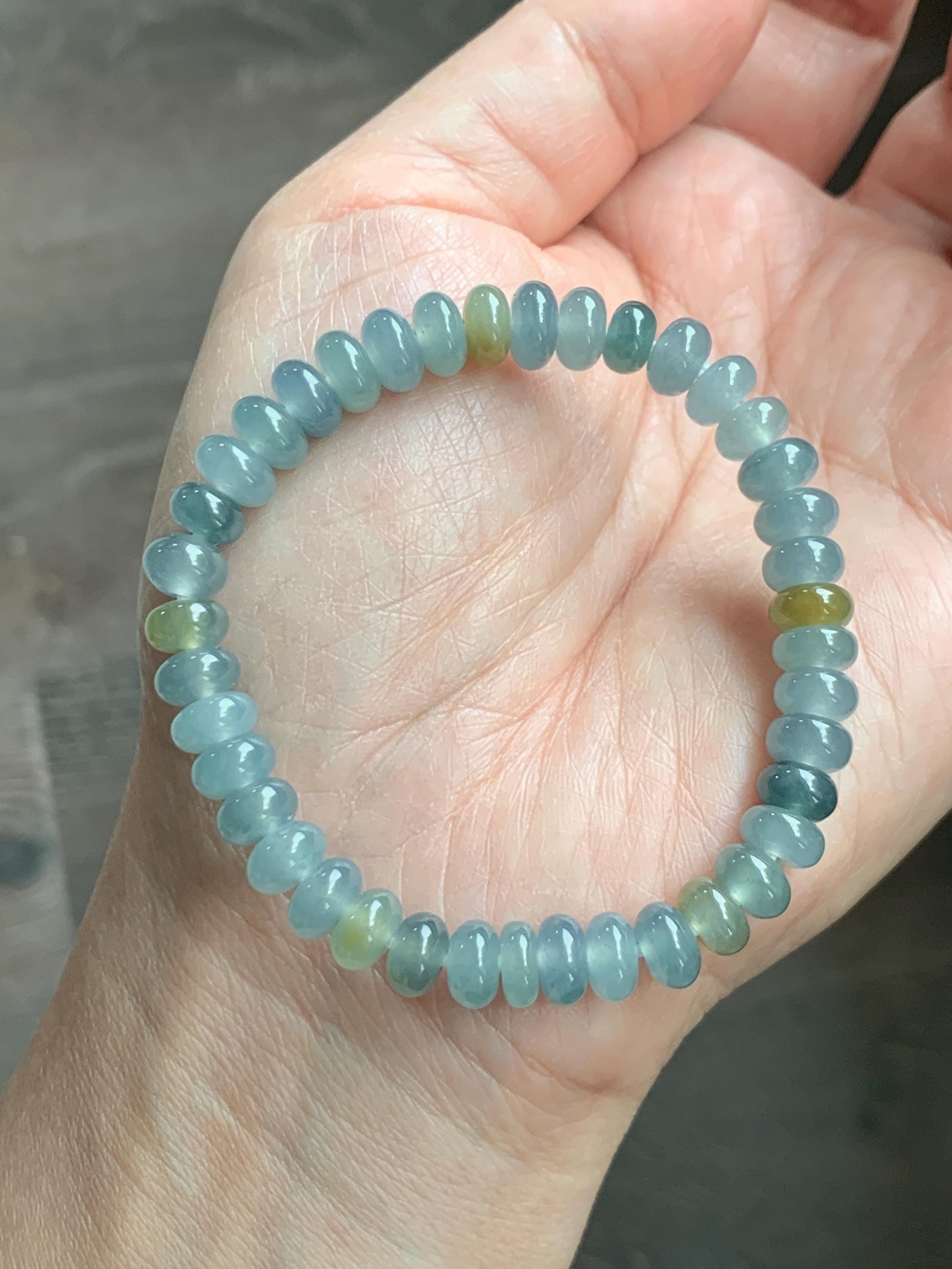 Natural Grade A Guatemalan Icy Highly Translucent Light Teal & Yellow Jade Jadeite Drum Beads Beaded Bracelet 6.5” 16g 天然冰胶危蓝加黄翡翠鼓珠手串WQD580A