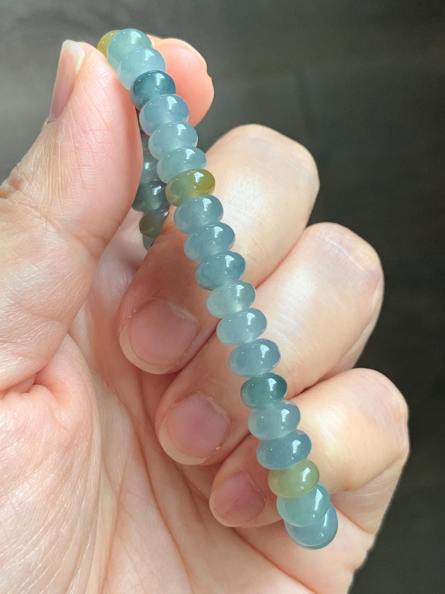 Natural Grade A Guatemalan Icy Highly Translucent Light Teal & Yellow Jade Jadeite Drum Beads Beaded Bracelet 6.5” 16g 天然冰胶危蓝加黄翡翠鼓珠手串WQD580A