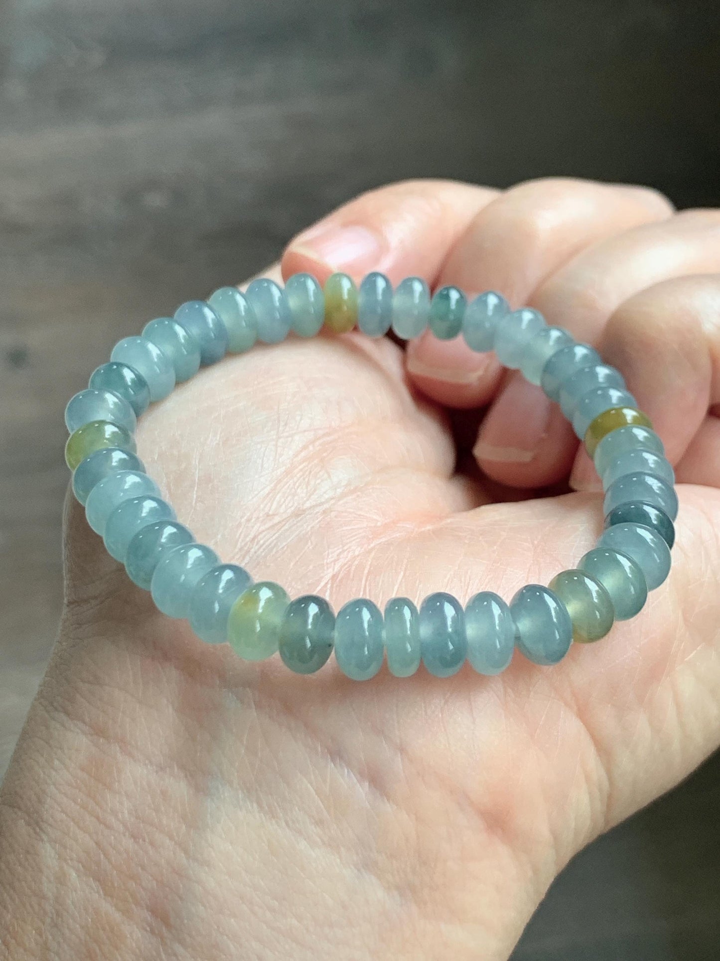 Natural Grade A Guatemalan Icy Highly Translucent Light Teal & Yellow Jade Jadeite Drum Beads Beaded Bracelet 6.5” 16g 天然冰胶危蓝加黄翡翠鼓珠手串WQD580A