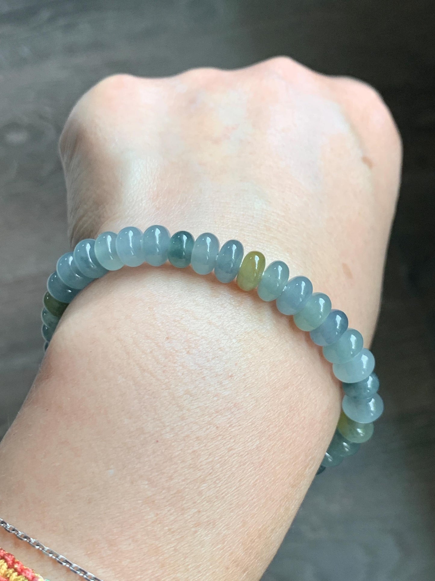 Natural Grade A Guatemalan Icy Highly Translucent Light Teal & Yellow Jade Jadeite Drum Beads Beaded Bracelet 6.5” 16g 天然冰胶危蓝加黄翡翠鼓珠手串WQD580A