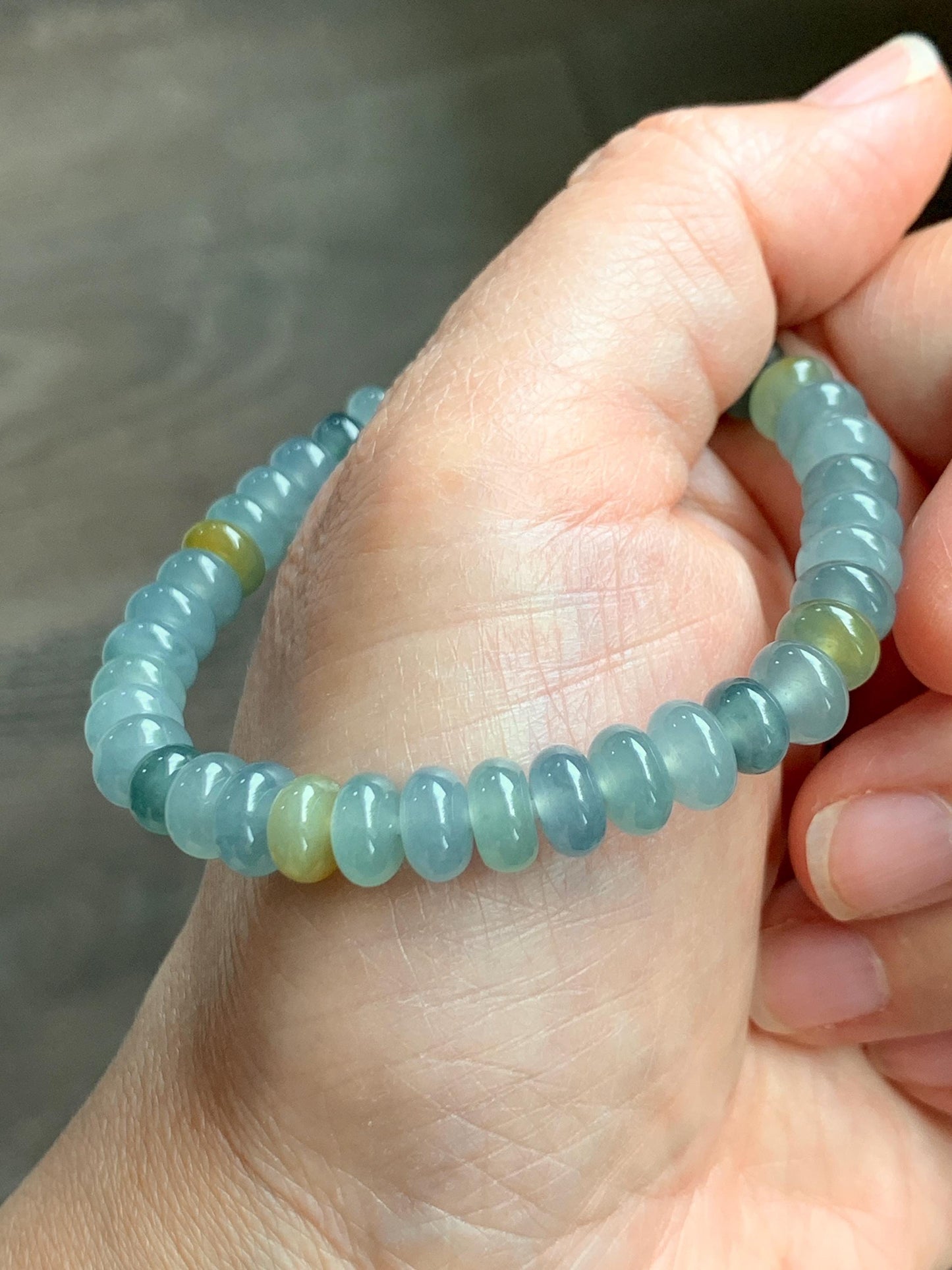 Natural Grade A Guatemalan Icy Highly Translucent Light Teal & Yellow Jade Jadeite Drum Beads Beaded Bracelet 6.5” 16g 天然冰胶危蓝加黄翡翠鼓珠手串WQD580A