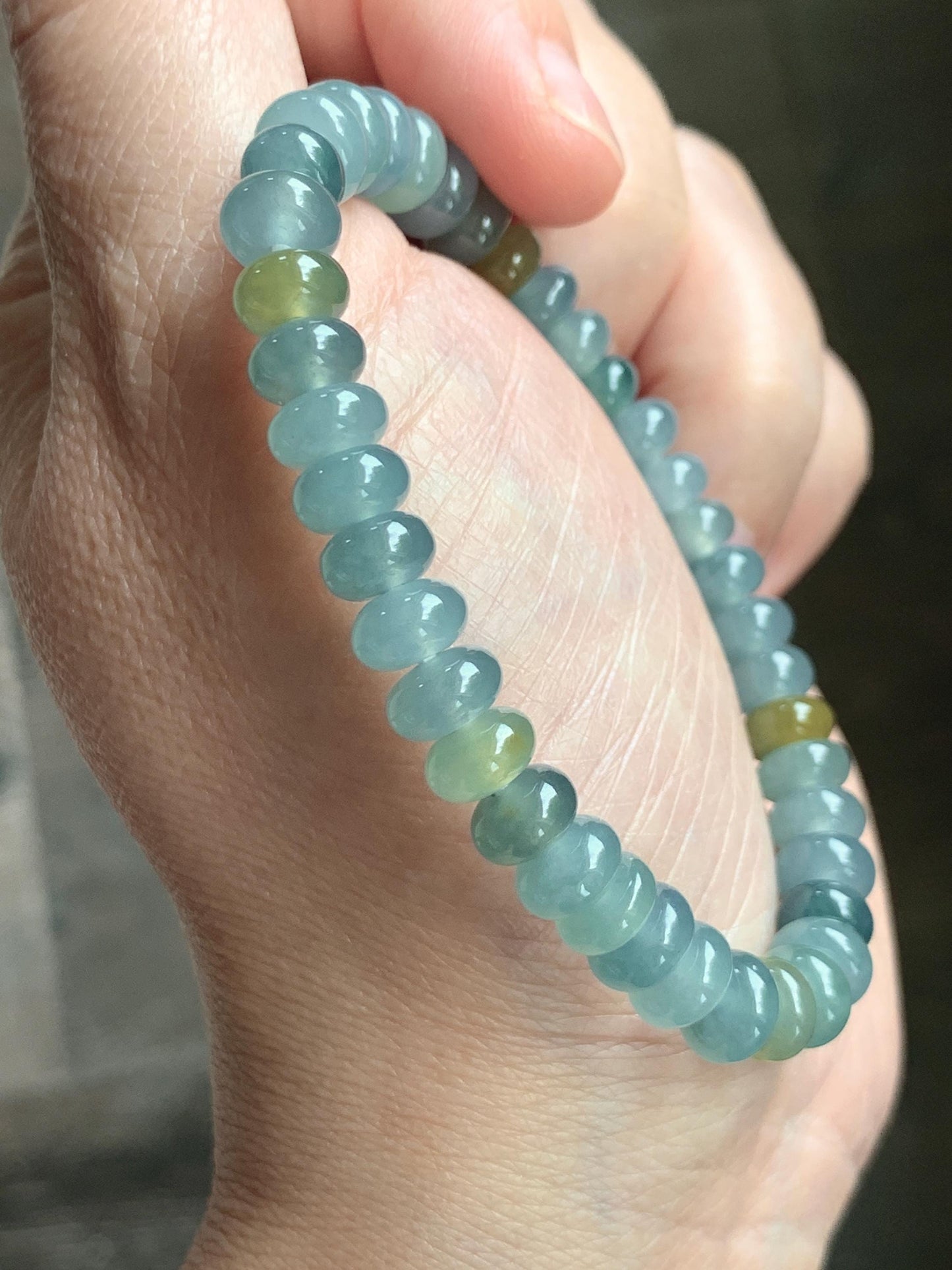 Natural Grade A Guatemalan Icy Highly Translucent Light Teal & Yellow Jade Jadeite Drum Beads Beaded Bracelet 6.5” 16g 天然冰胶危蓝加黄翡翠鼓珠手串WQD580A