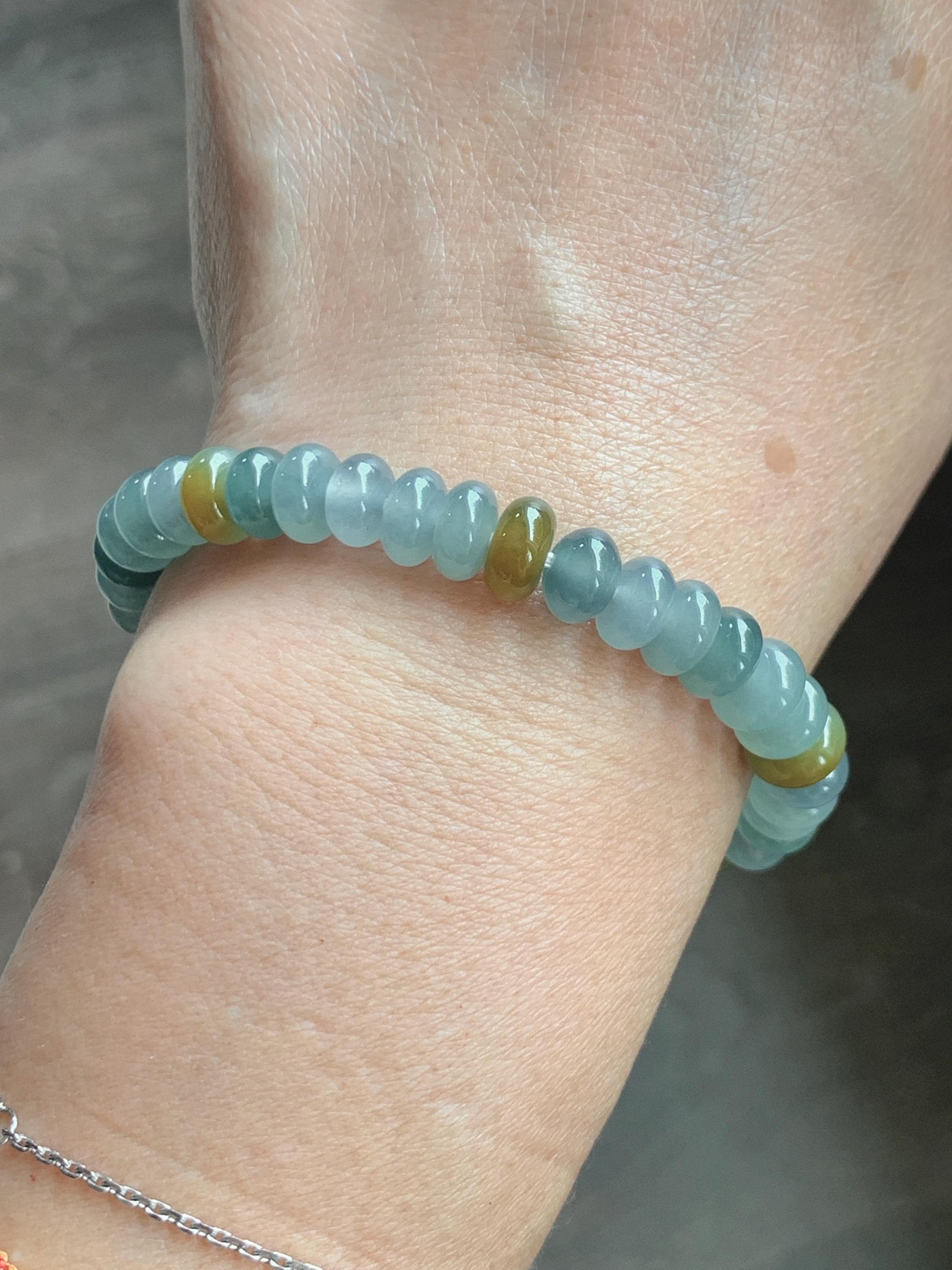 Natural Grade A Guatemalan Icy Highly Translucent Light Teal & Yellow Jade Jadeite Drum Beads Beaded Bracelet 6.5” 20g 天然冰胶危蓝加黄翡翠鼓珠手串WQD580B