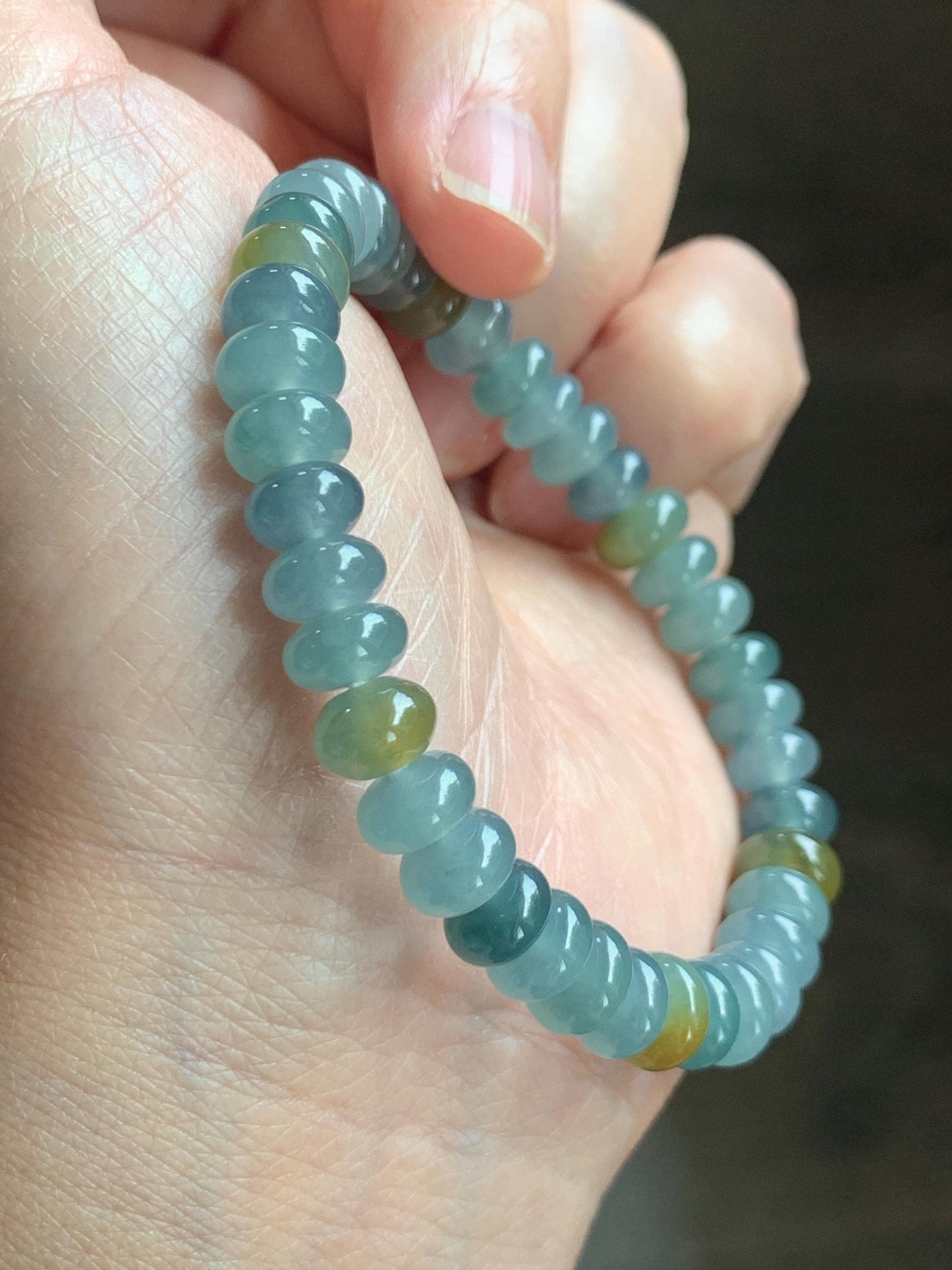 Natural Grade A Guatemalan Icy Highly Translucent Light Teal & Yellow Jade Jadeite Drum Beads Beaded Bracelet 6.5” 20g 天然冰胶危蓝加黄翡翠鼓珠手串WQD580B